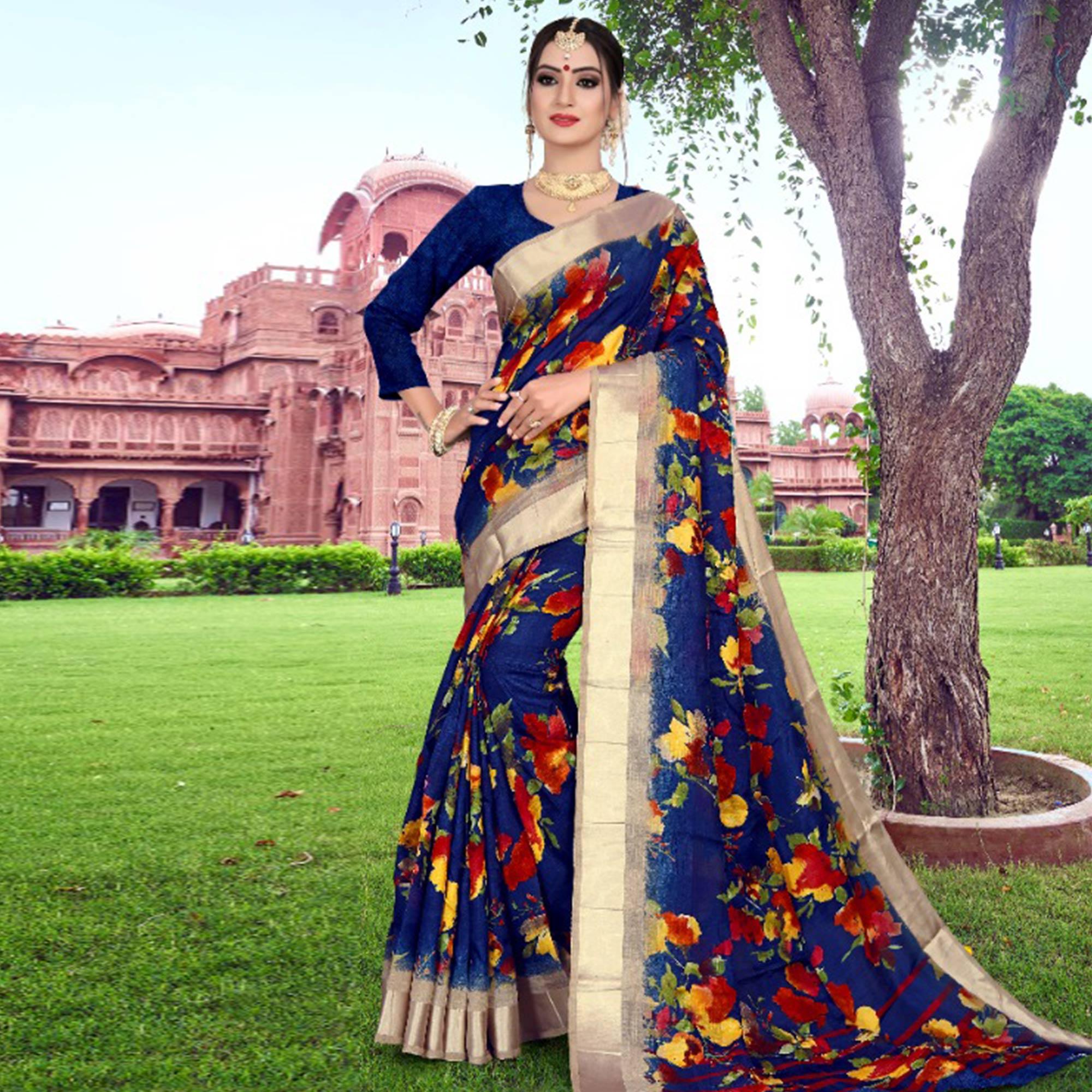 Peachmode Classy Royal Blue Colored Casual Printed Cotton Saree