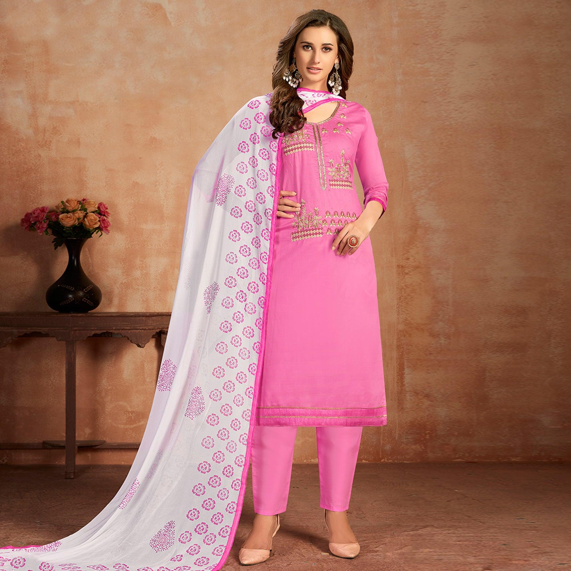 Peachmode Impressive Pink Colored Partywear Embroidered Pure Cotton Dress Material