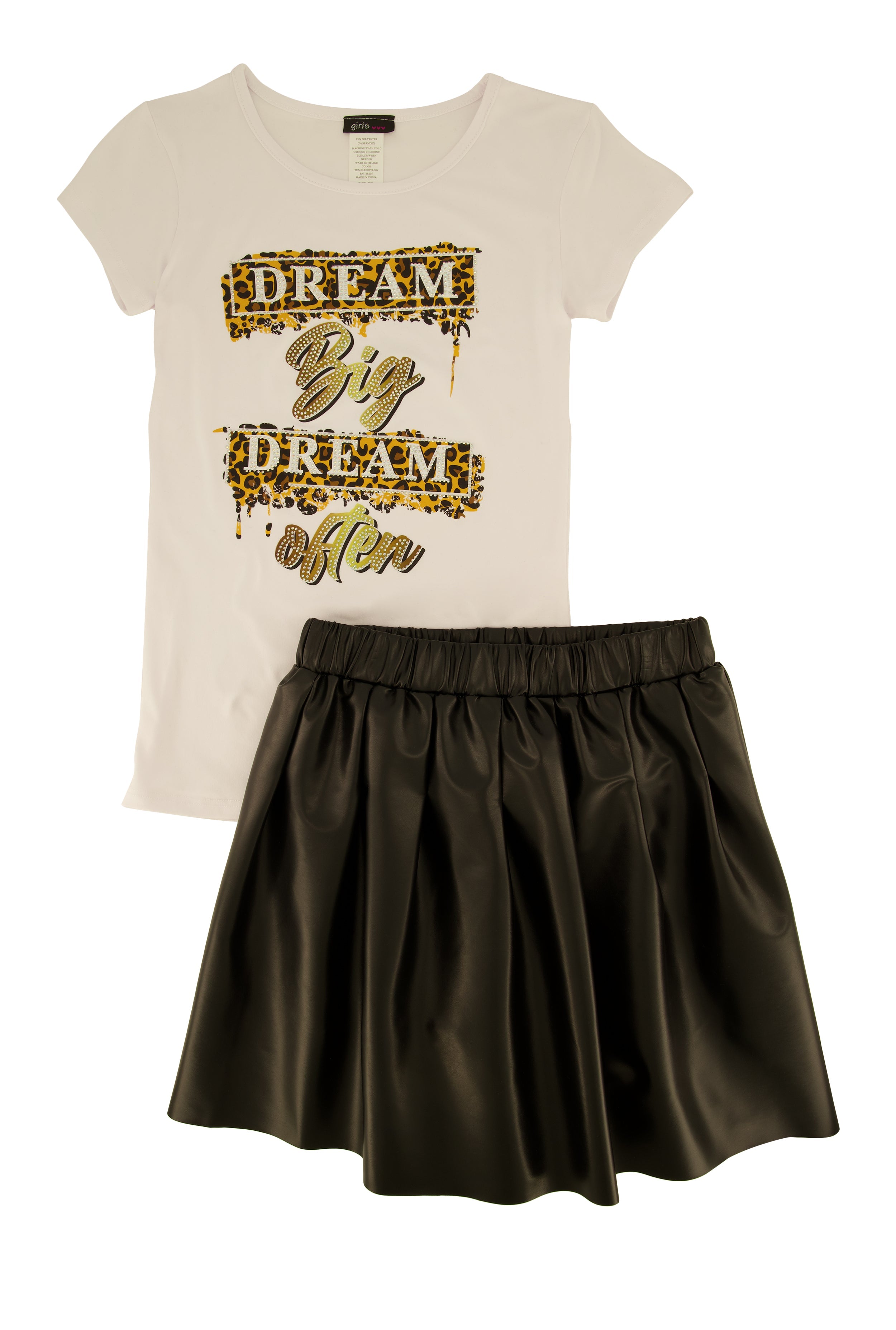 Rainbow Shops Girls Dream Graphic Print Top and Faux Leather Skort