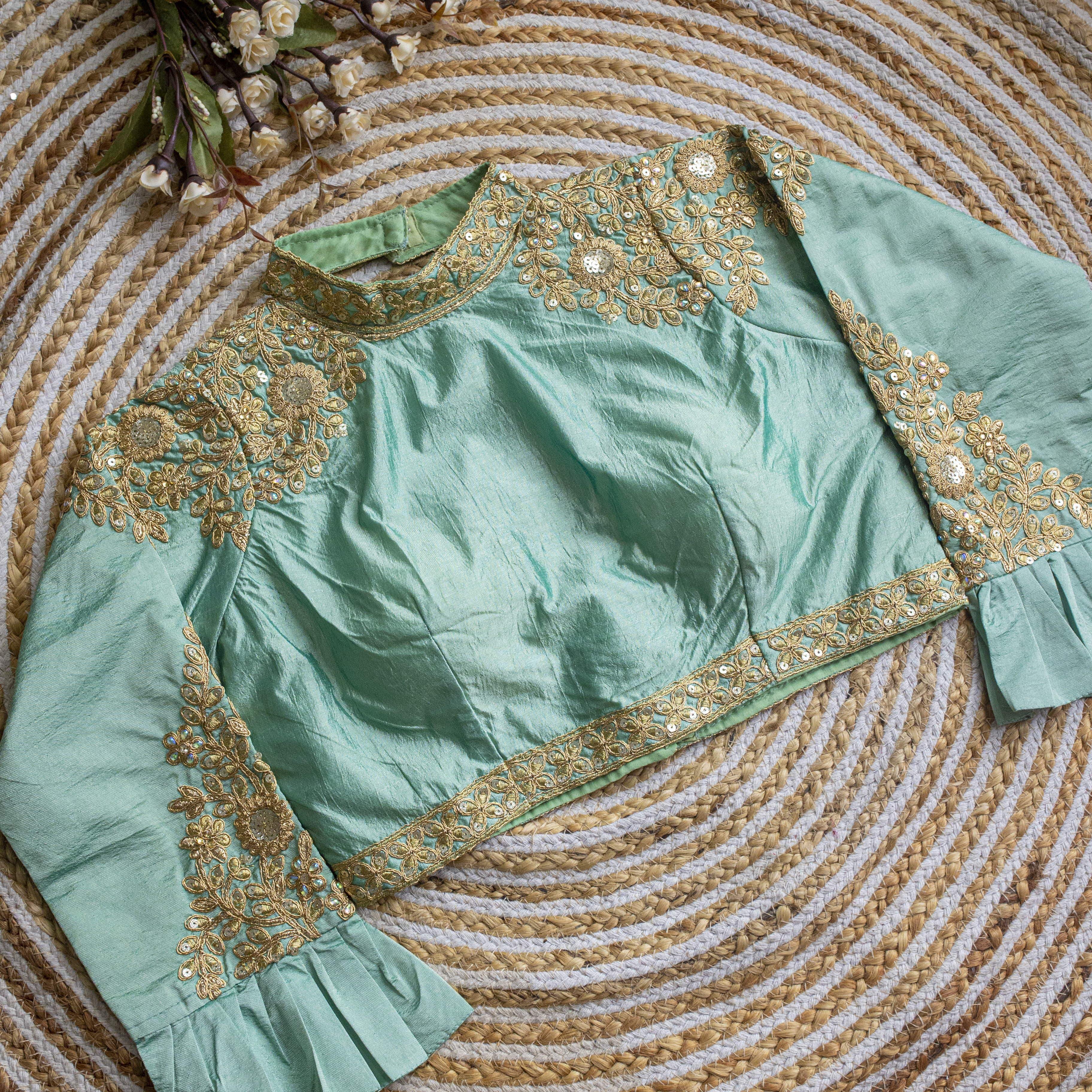 ClothsVilla Sky Blue Golden Sequence Embroidered Blouse in glossy silk