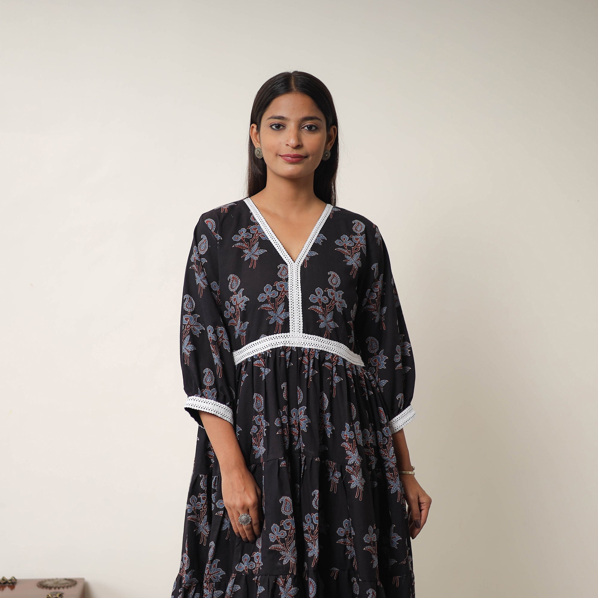 ITOKRI CASUALS Black - Hand Block Print Cotton Tiered Ajrakh Dress 18