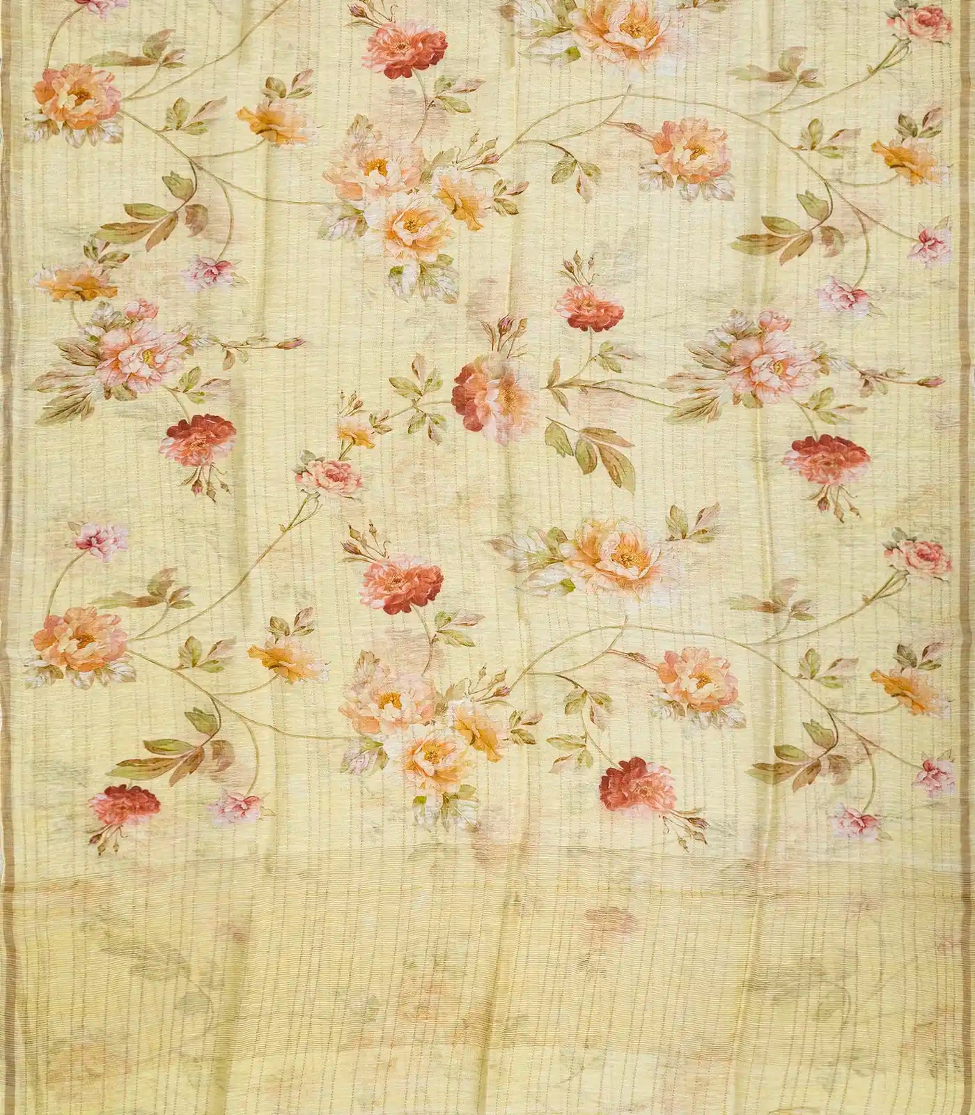 RmKV Yellow Handloom Linen Saree With Printed Floral Motifs & Stripes - view 2