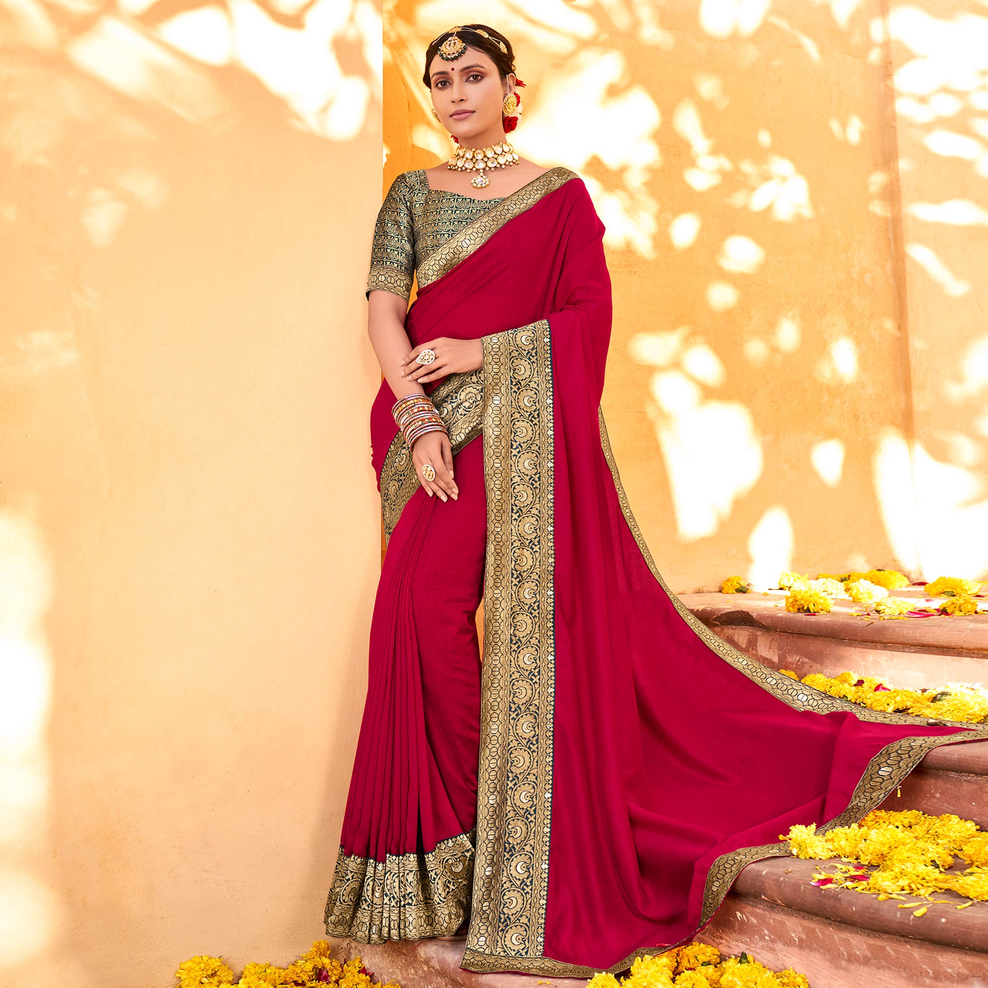 Peachmode Magenta Solid With Jacquard Border Vichitra Silk Saree