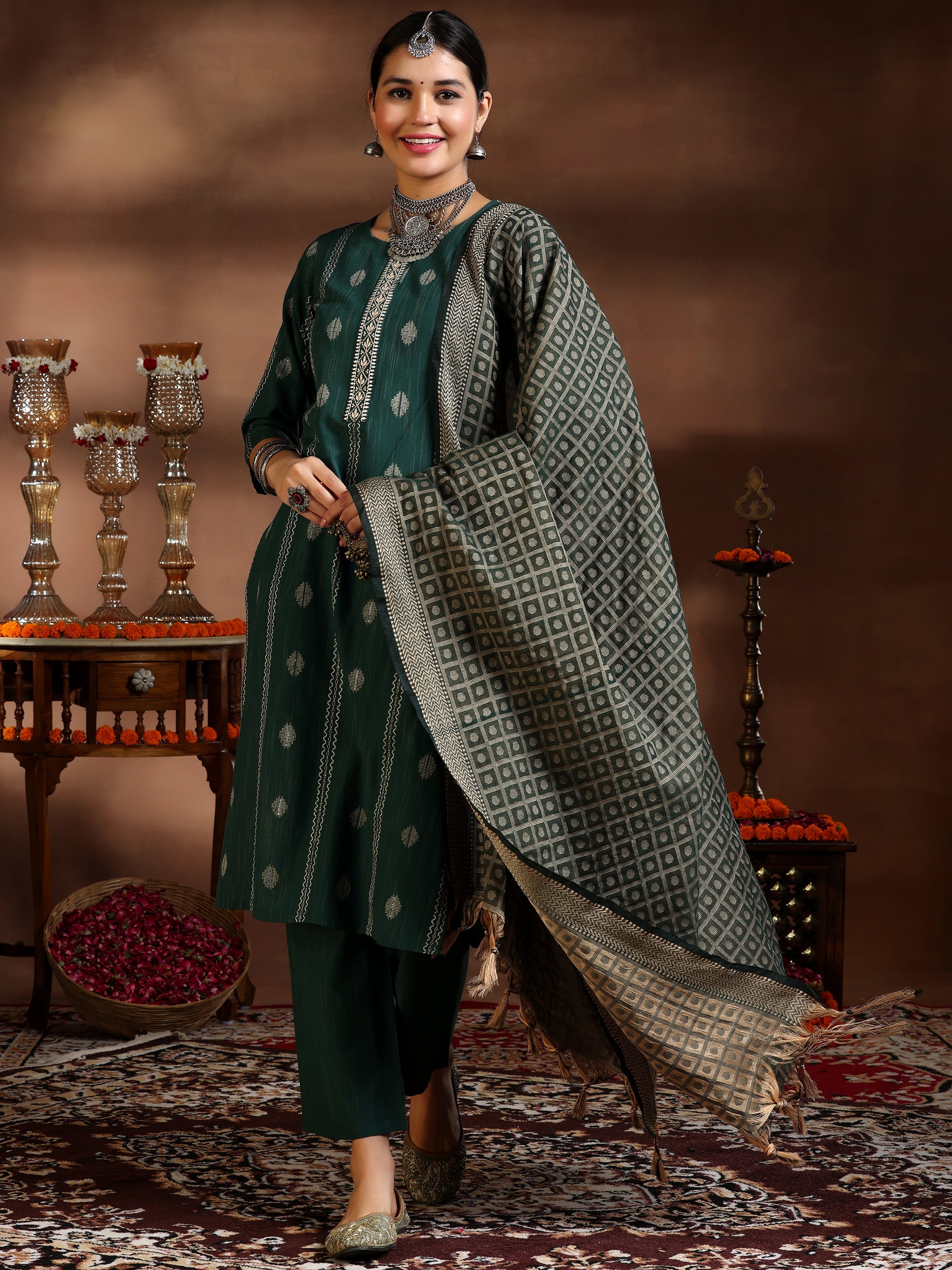 Libas Green Woven Design Cotton Blend Straight Suit With Dupatta - view 2