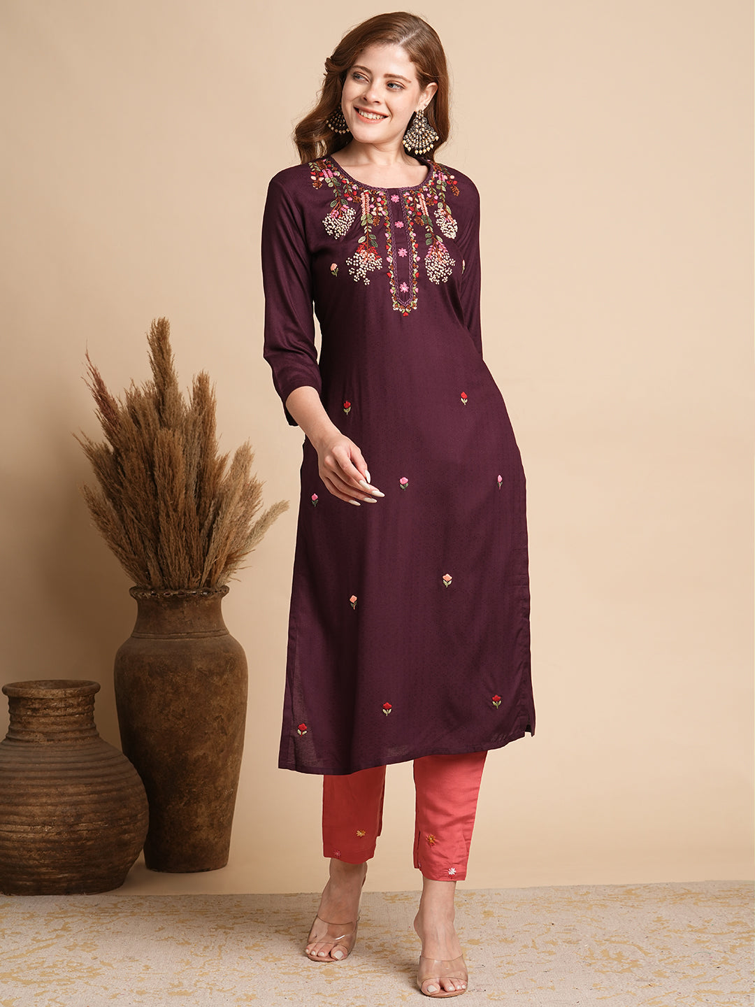 FASHOR Ethnic Woven & Floral Hand Embroidered Straight Fit Kurta - Burgundy