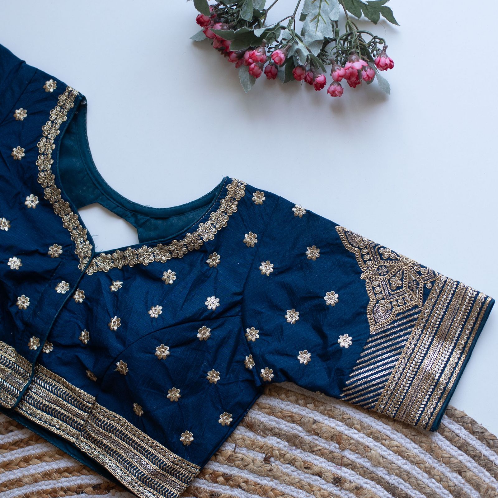 ClothsVilla Teal Blue Golden Embroidered Blouse with Sequins – Caterpillar Silk Elegance