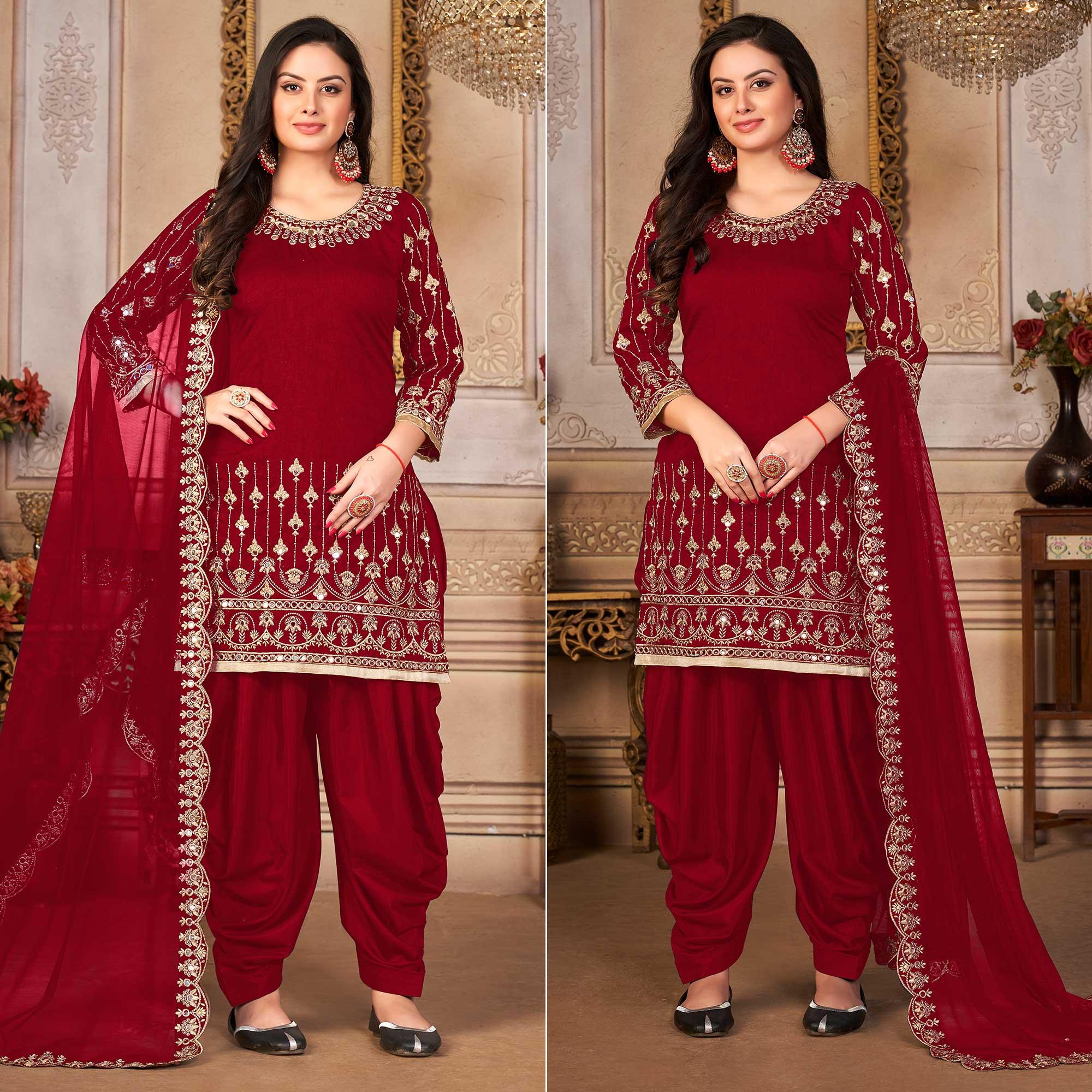 Peachmode Maroon Embroidered Art Silk Patiala Suit