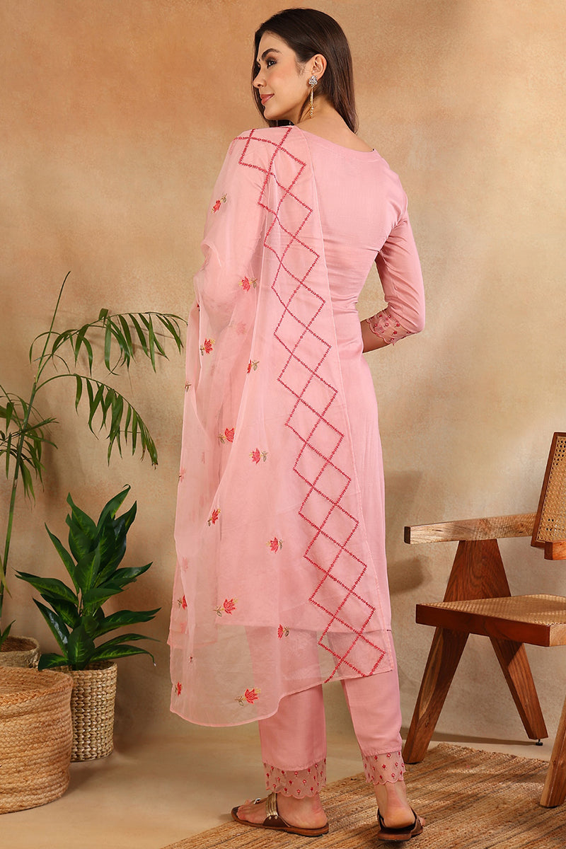 Ahika Pink Silk Blend Solid Embroidered Straight Trouser Suit Set PKSKD2631 - view 6