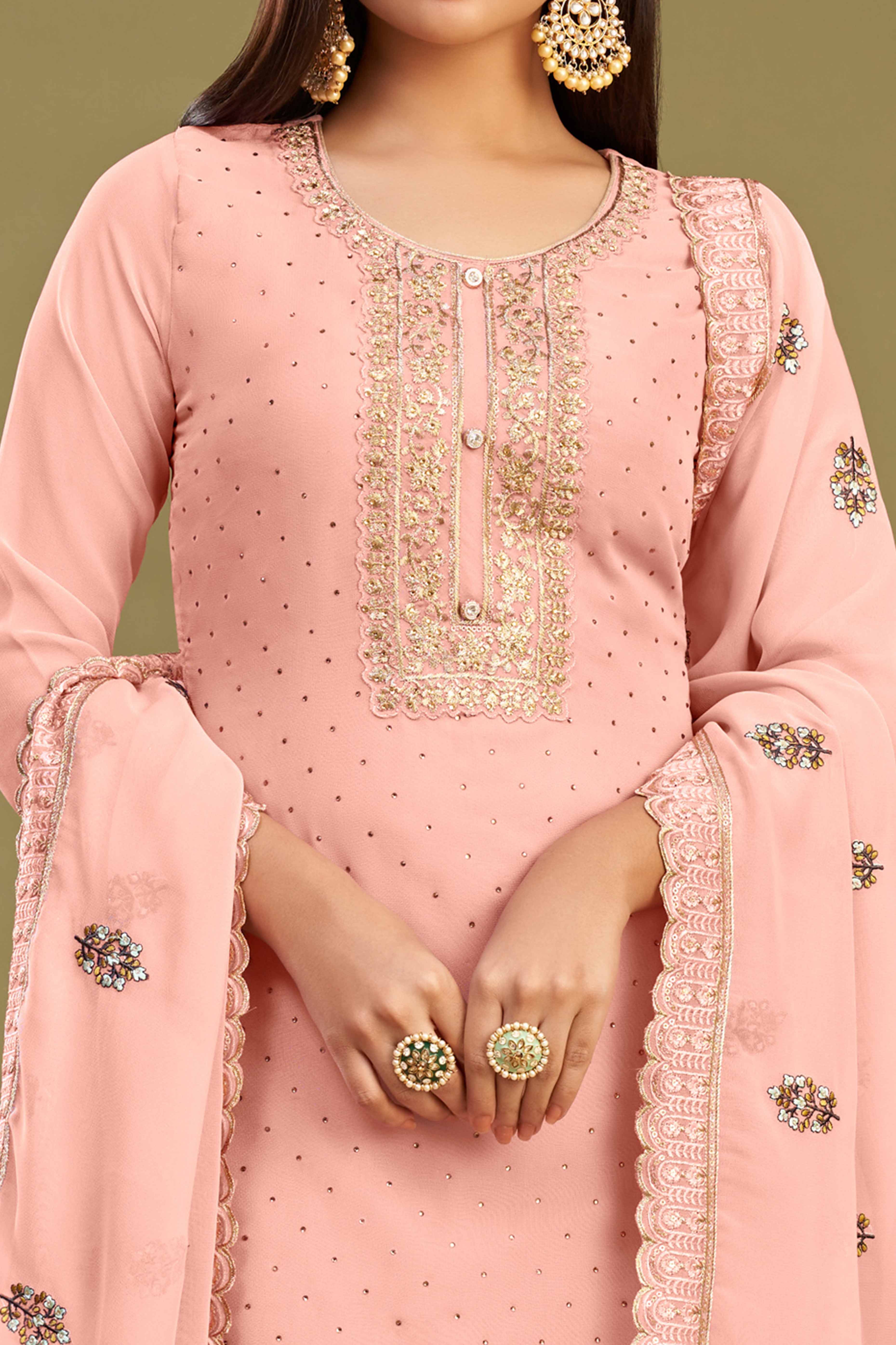Peachmode Seller Gajari Pink Floral Embroidery With Swarovski Work Georgette Semi Stitched Suit - view 2