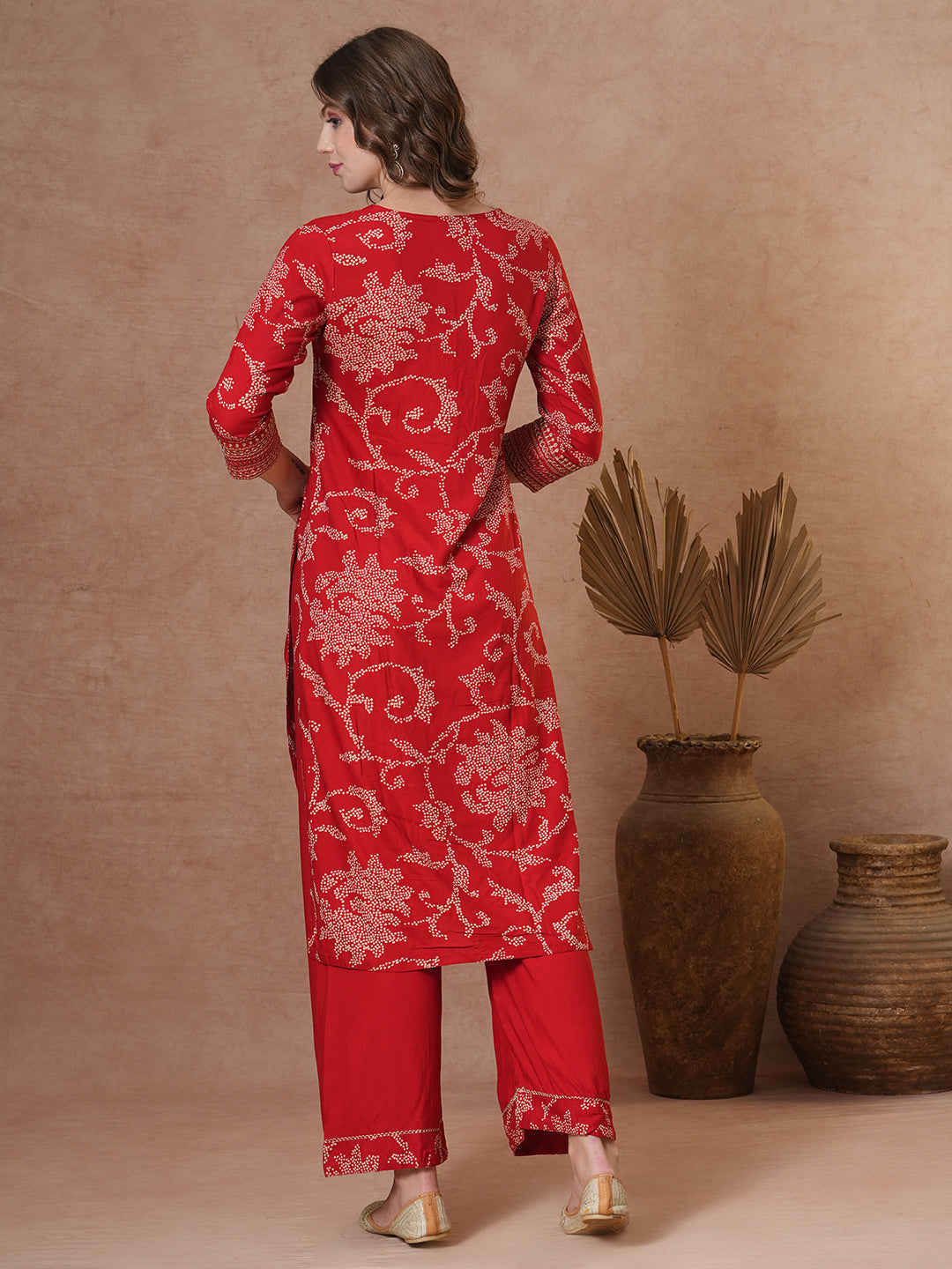 FASHOR Ethnic Bandhani Printed Straight Fit Kurta with Palazzo - Red - view 6
