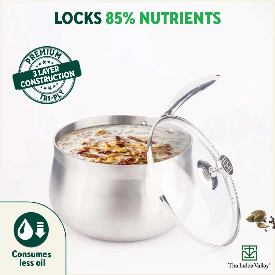 The Indus Valley TurboCuk Tri-ply Stainless Steel Saucepan/ Milk/ Tea Pan+ Glass Lid, Premium Quality, 3 Layer Thick Body, 100% Toxin-free, Non-stick, - view 6