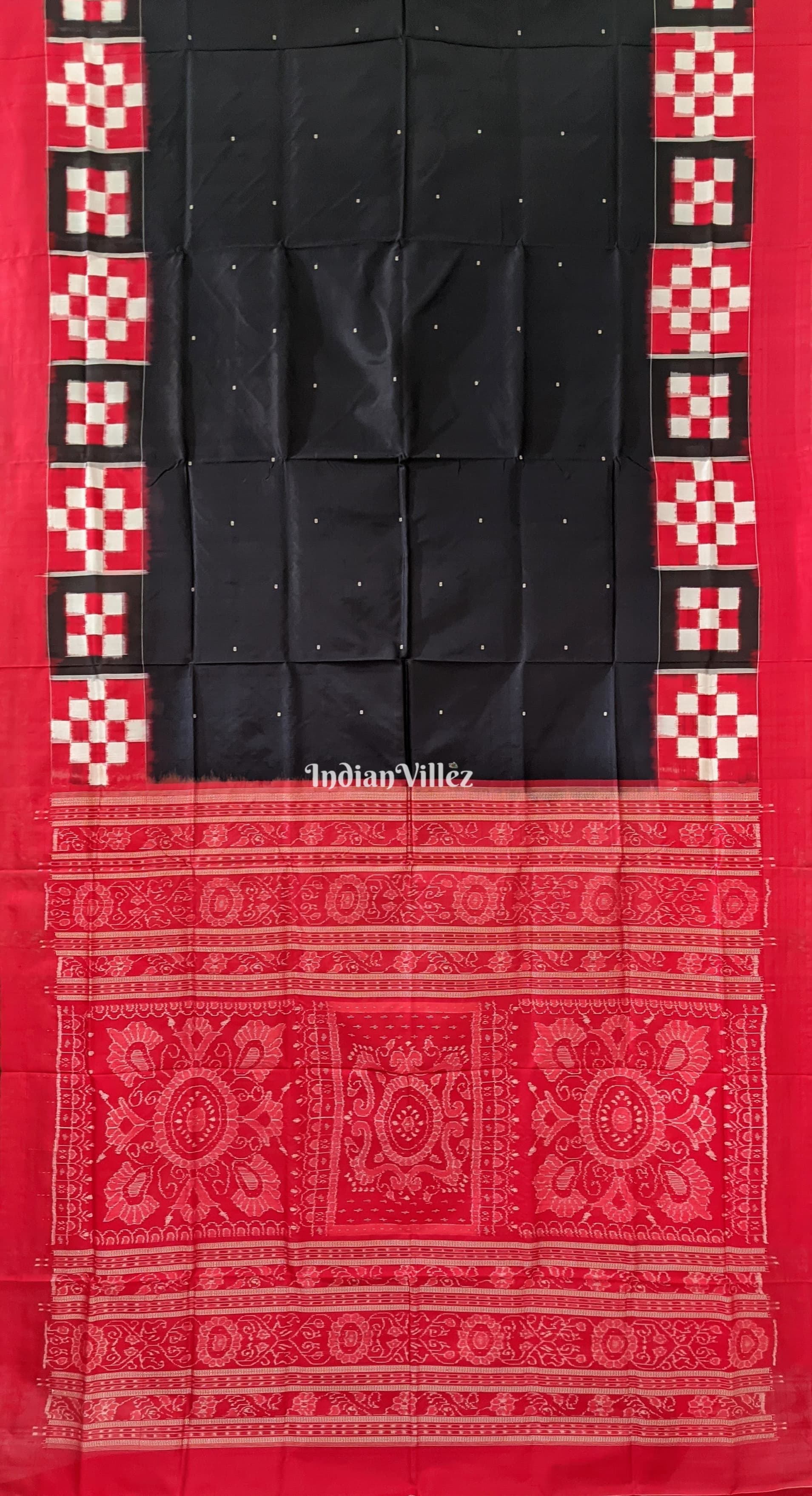 IndianVillèz Black Red Jhoti Pasapali Theme Sambalpuri Ikat Bomkai Silk Saree