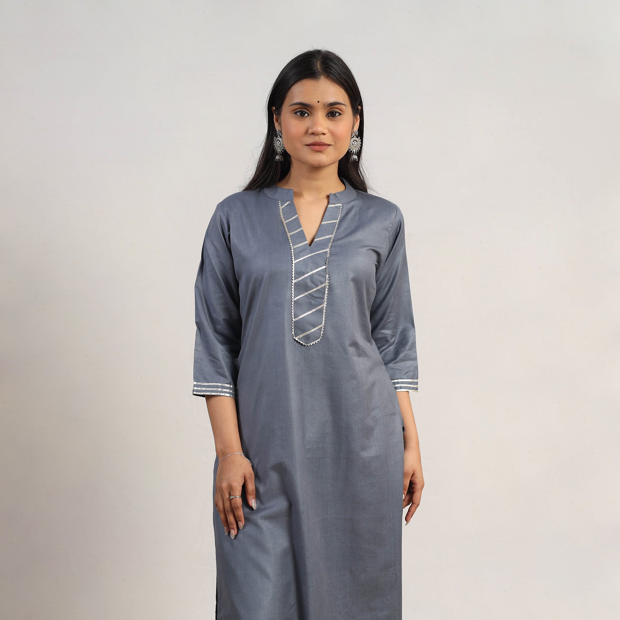ITOKRI CASUALS Ananya Grey Linen Cotton Plain Kurta with Gota Work