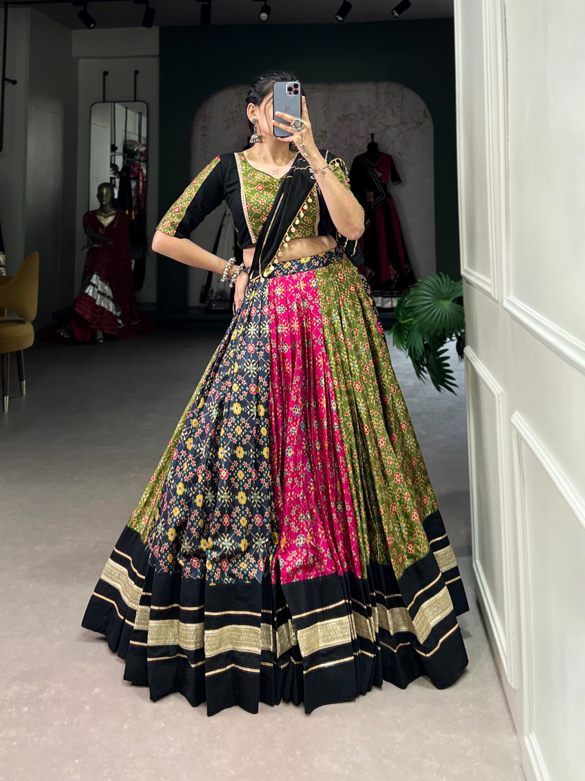 ClothsVilla Multi Color Dola Silk & Pure Cotton Lehenga Choli Set - view 2