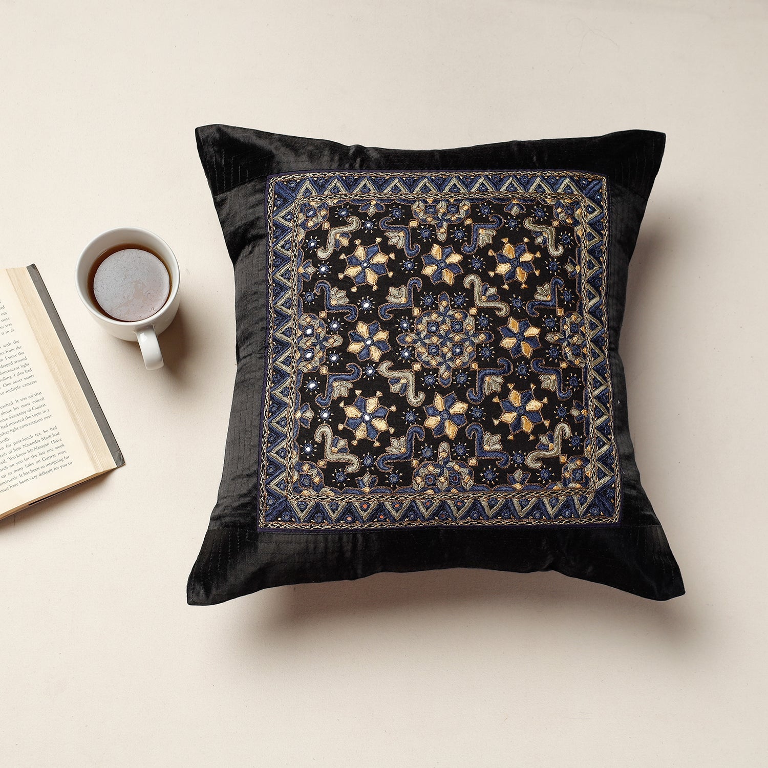 QASAB Black - Kutch Pakko Hand Embroidery Mashru Silk Cushion Cover (16 x 16 in)