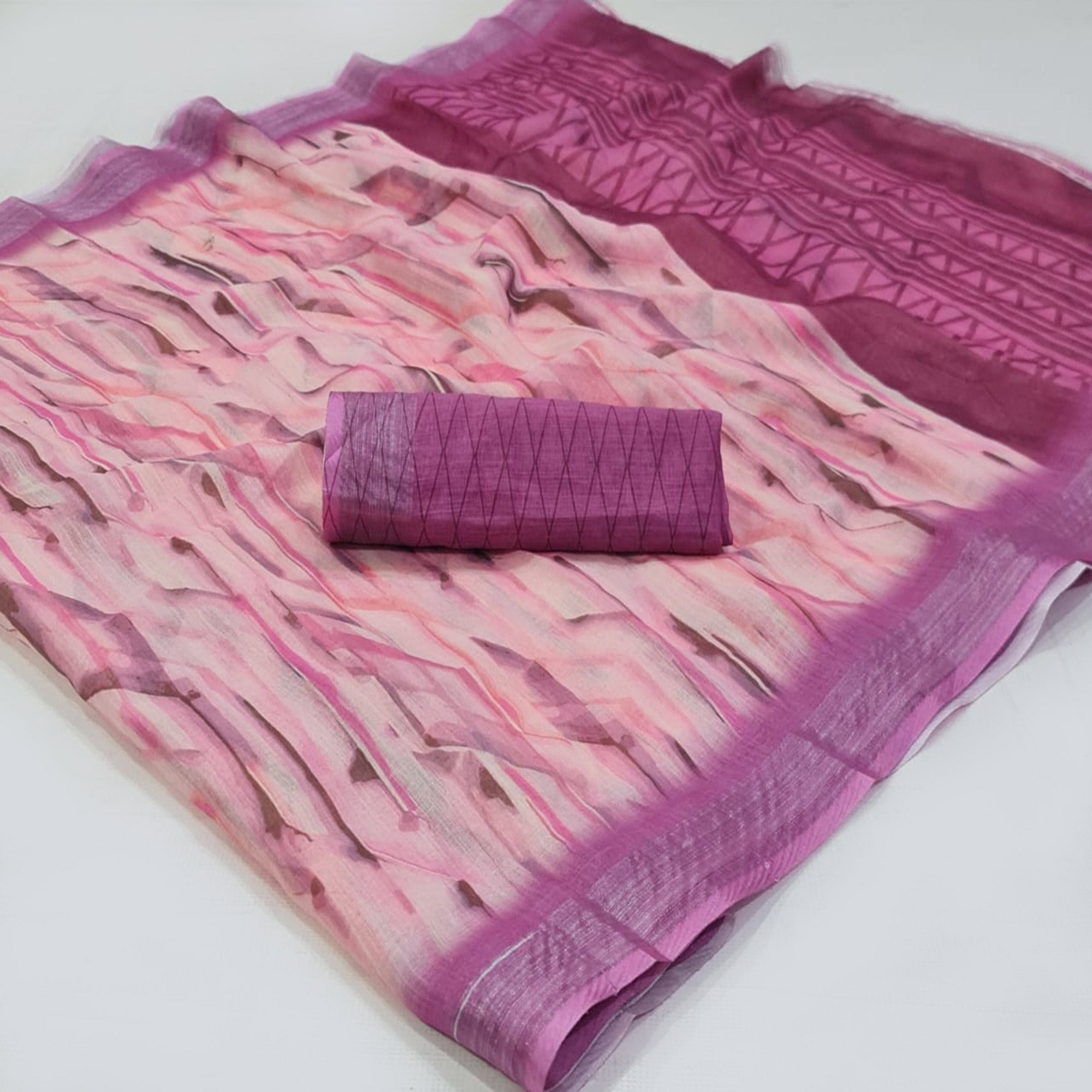 Peachmode Magenta Abstract Digital Printed Linen Saree with Zari Border