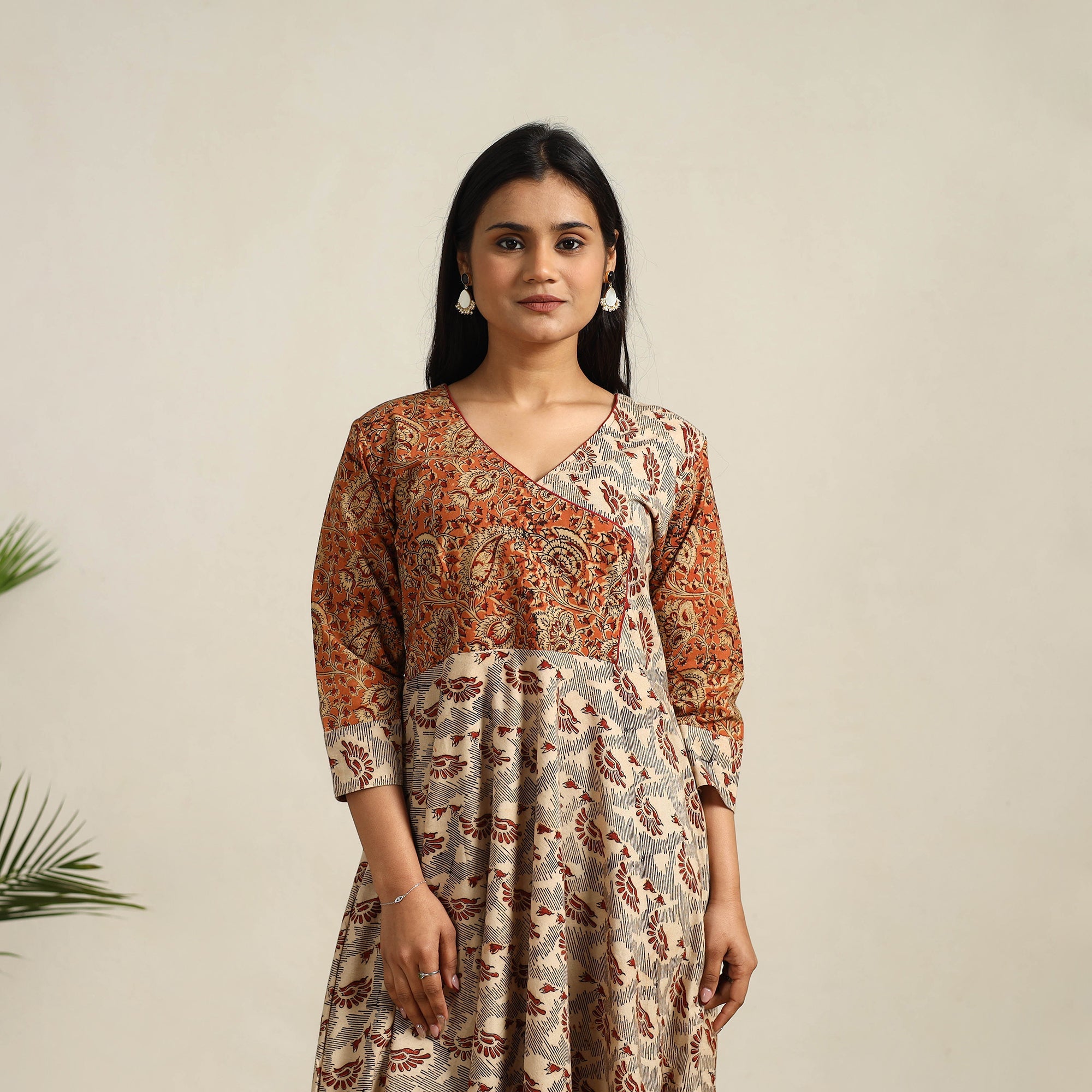 ITOKRI CASUALS Beige - Pedana Block Print Cotton Flared Kalamkari Dress 05