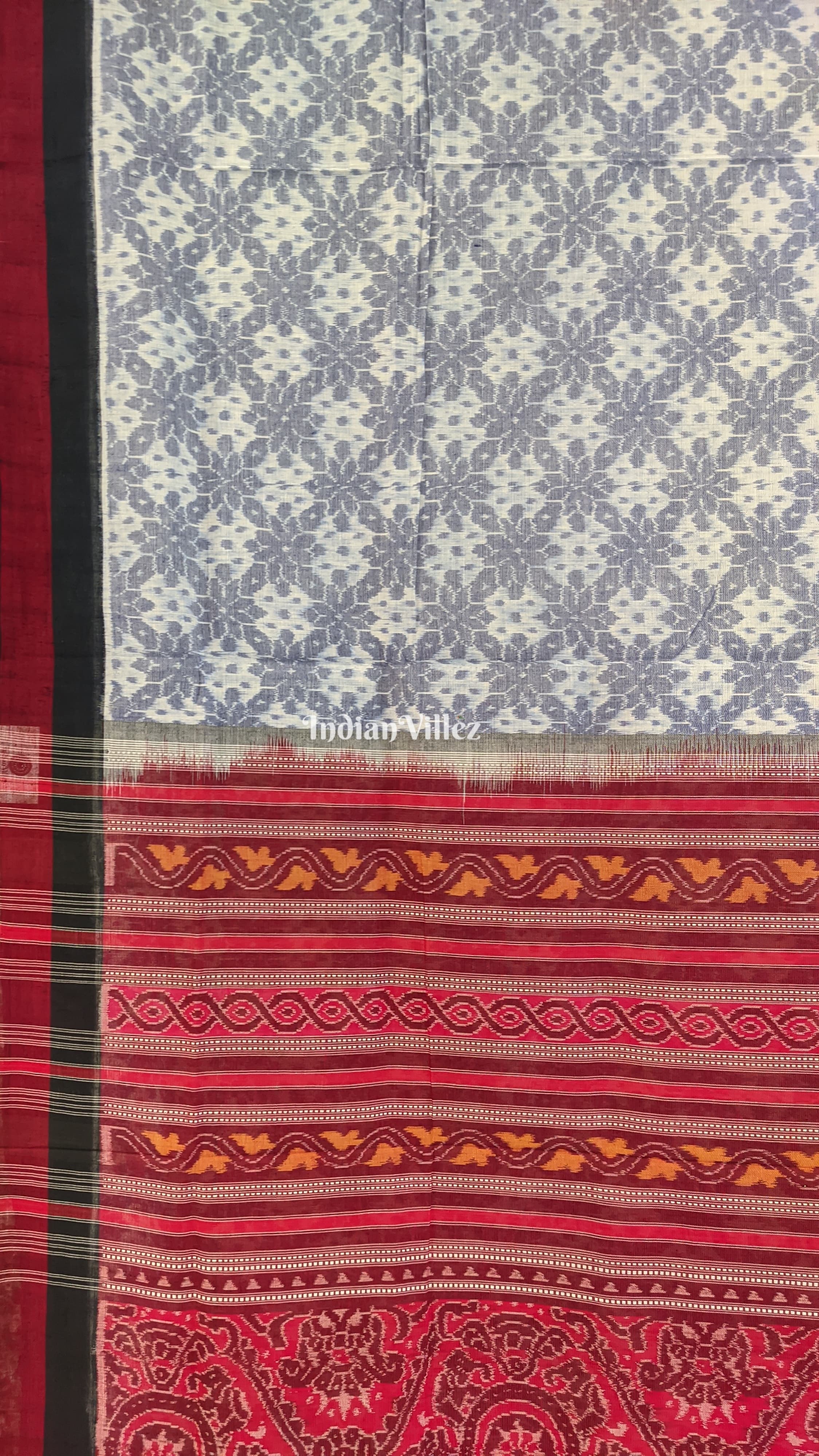 IndianVillèz White Base Odisha Ikat Pure Sambalpuri Cotton Saree - view 3