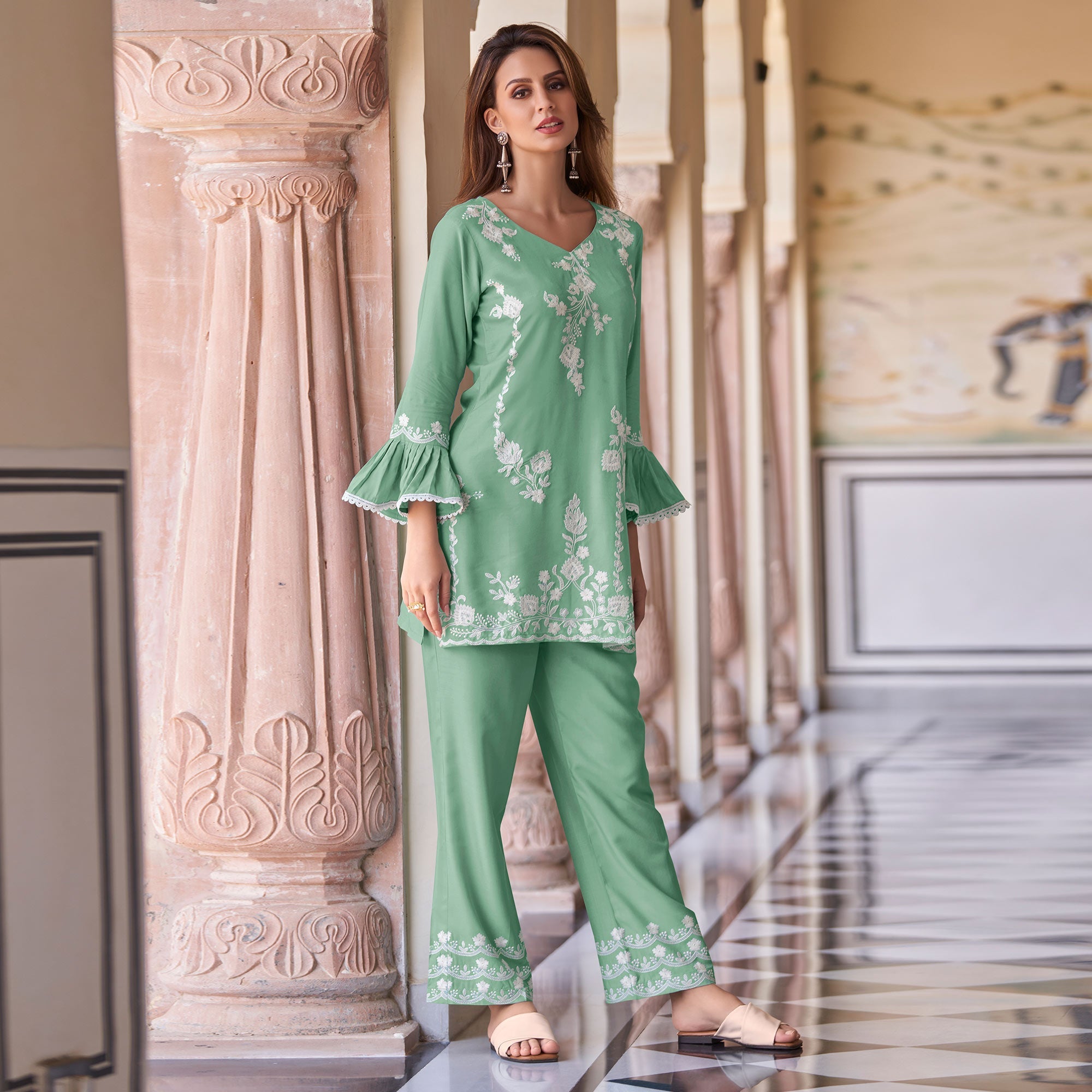 BlackTree green-floral-embroidered-rayon-co-ord-set - view 2