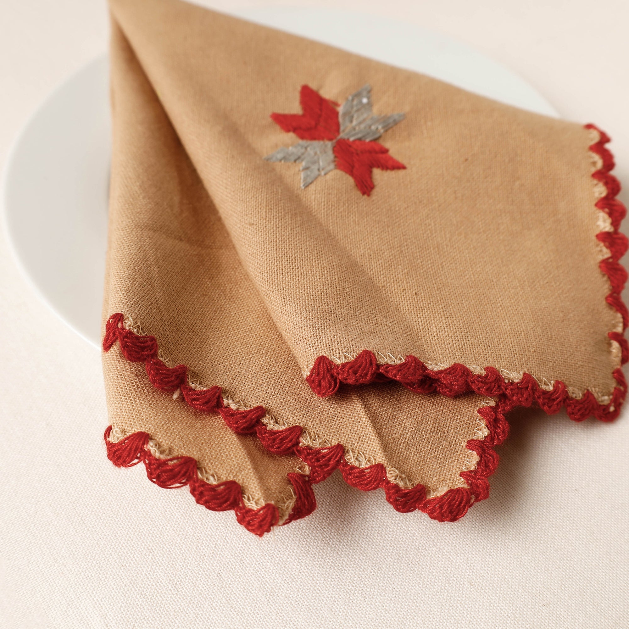 PATIALA HANDICRAFTS Brown - Phulkari Embroidery Reversible Plain Handloom Cotton Napkin (14 x 14 in) - view 2