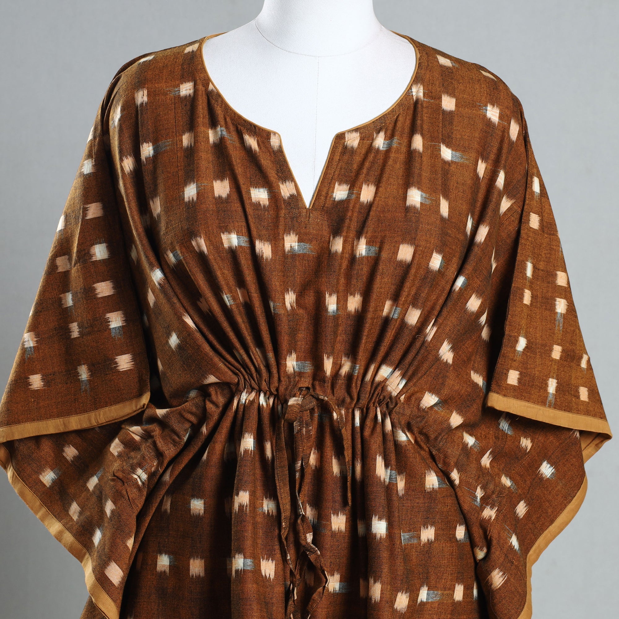 CHUTNEY CRAFT STUDIO Brown - Ikat Weave Cotton Kaftan with Tie-Up Waist (Short) - view 2