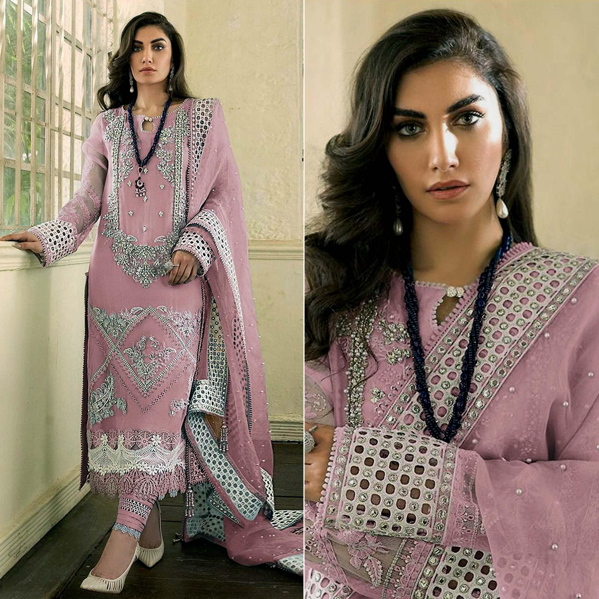 Peachmode Mauve Embellished With Embroidered Georgette Pakistani Suit