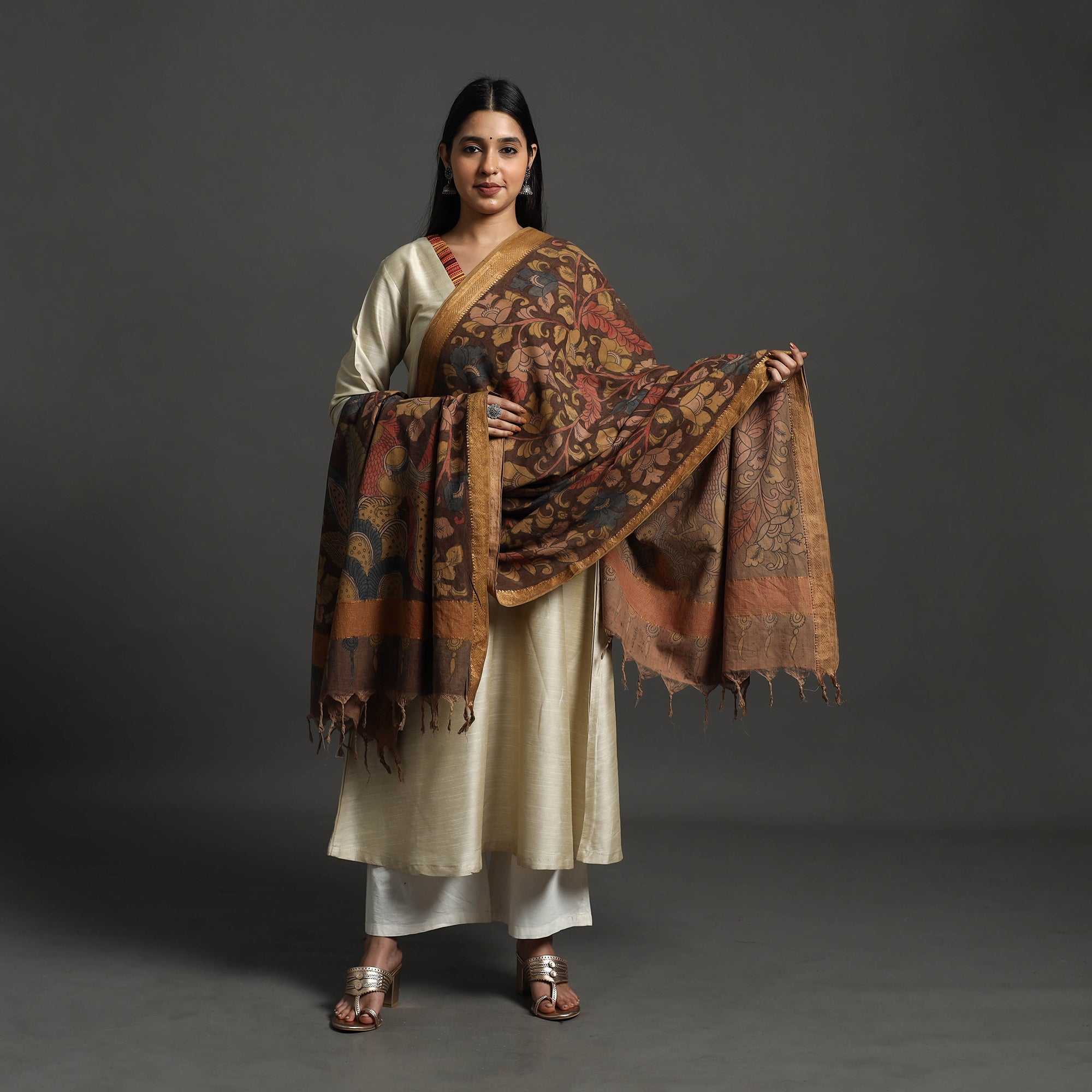 SOUTH KARGHA Brown - Mangalagiri Cotton Handpainted Pen Work Kalamkari Dupatta 03