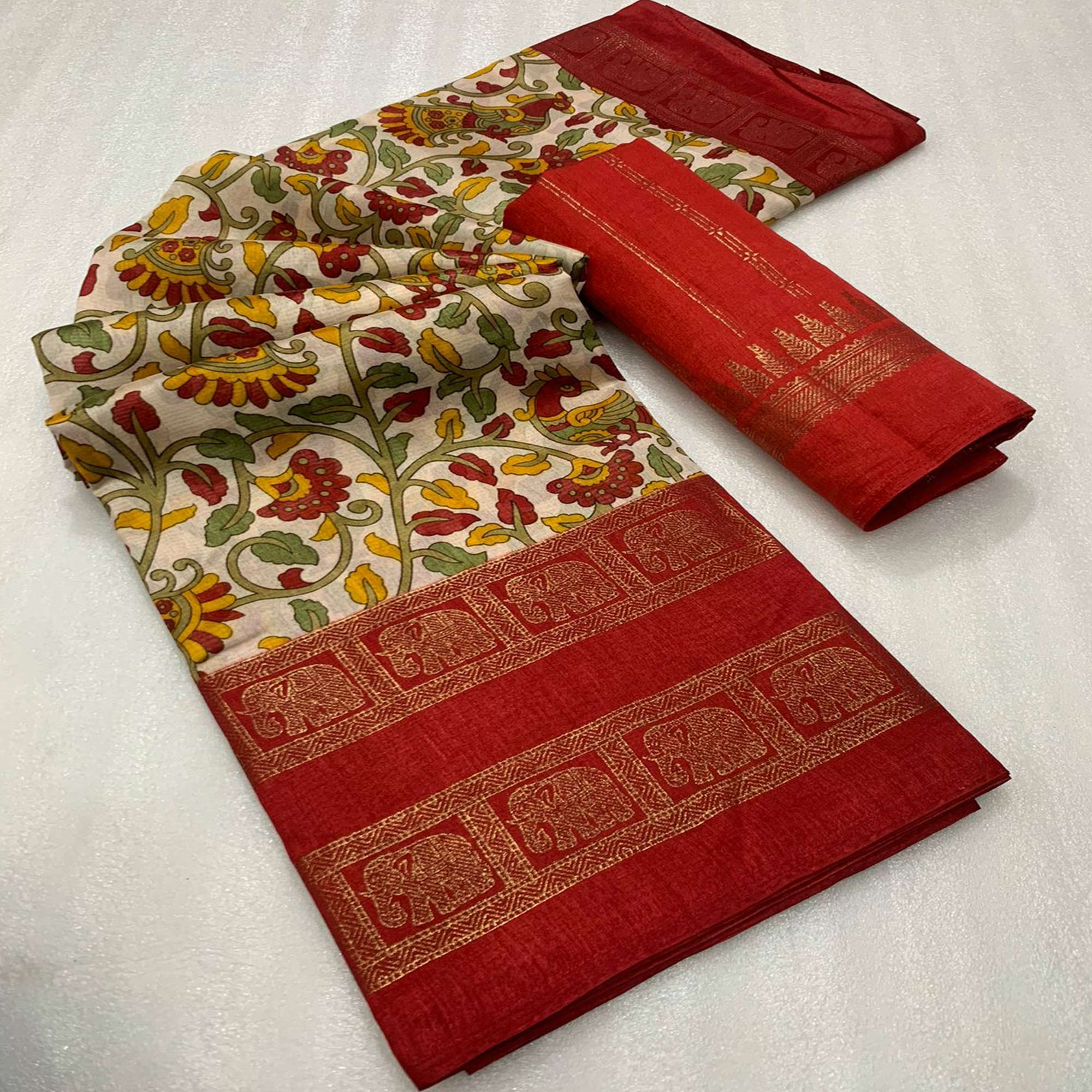 Peachmode Cream Floral Kalamkari Printed Dola Silk Saree