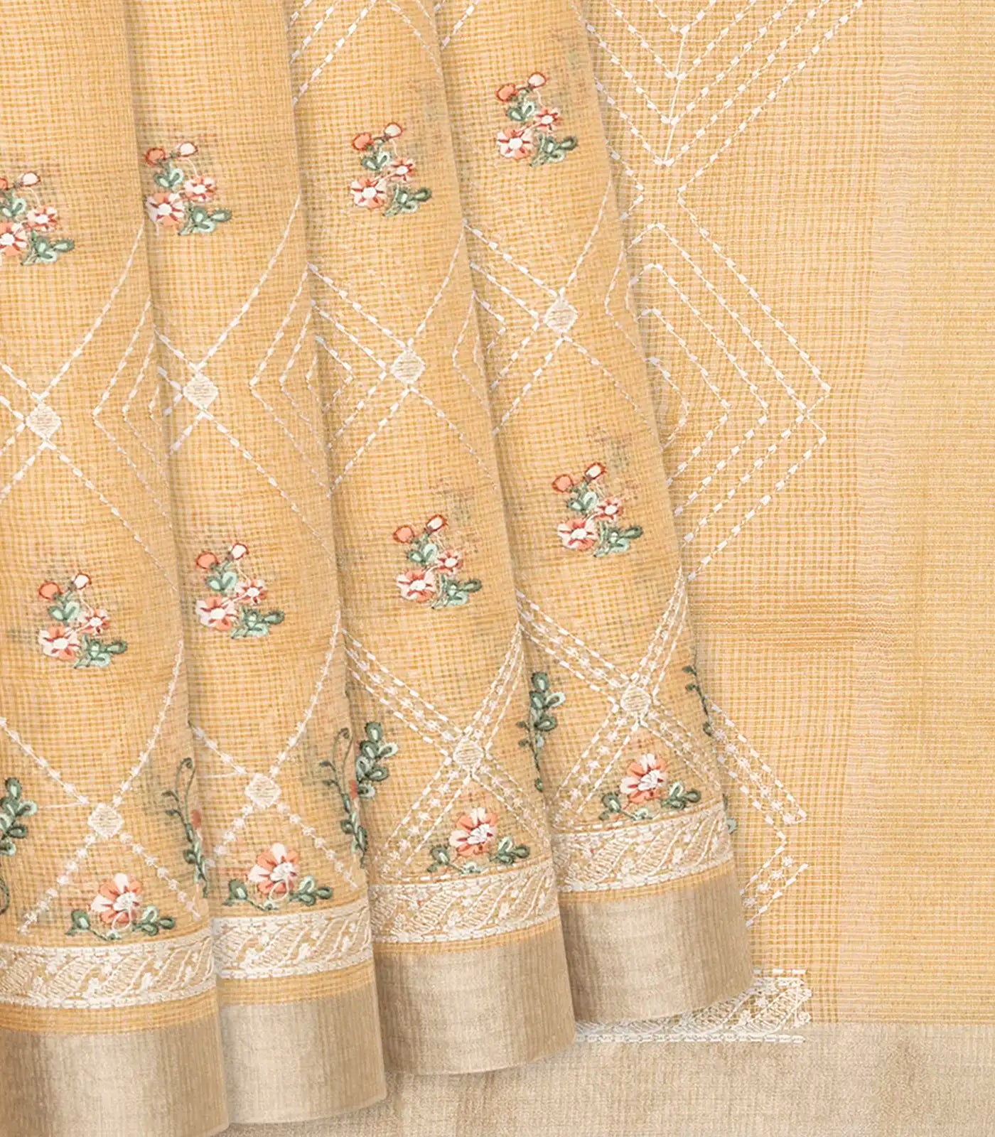 RmKV Light Peach Supernet Saree With Embroidered Diamond Motifs-Light Peach