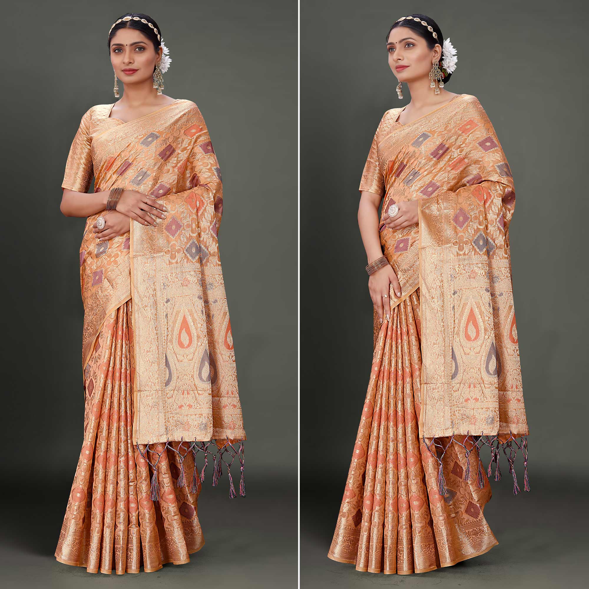 Peachmode Dark Peach Woven Organza Saree With Tassels