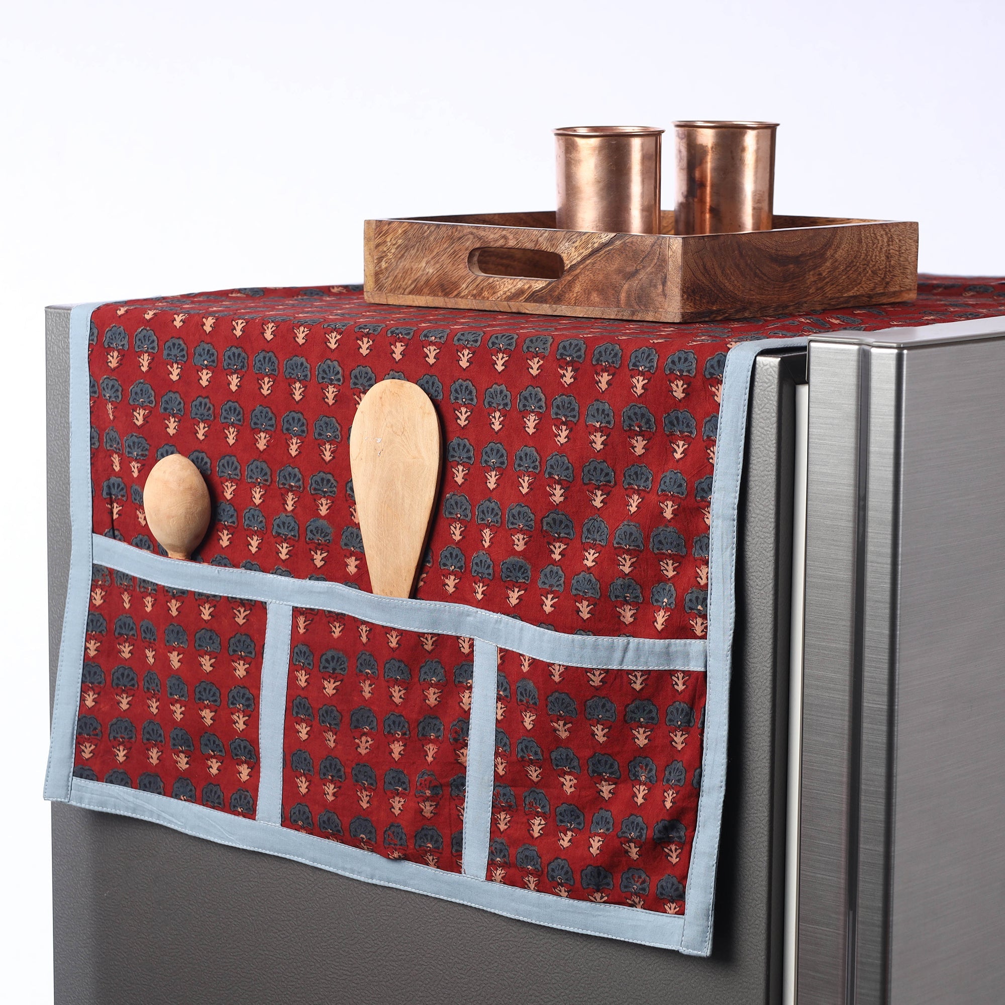 JALPARI Ajrakh Block Printed Cotton Fridge Top Cover with Multiple Pockets