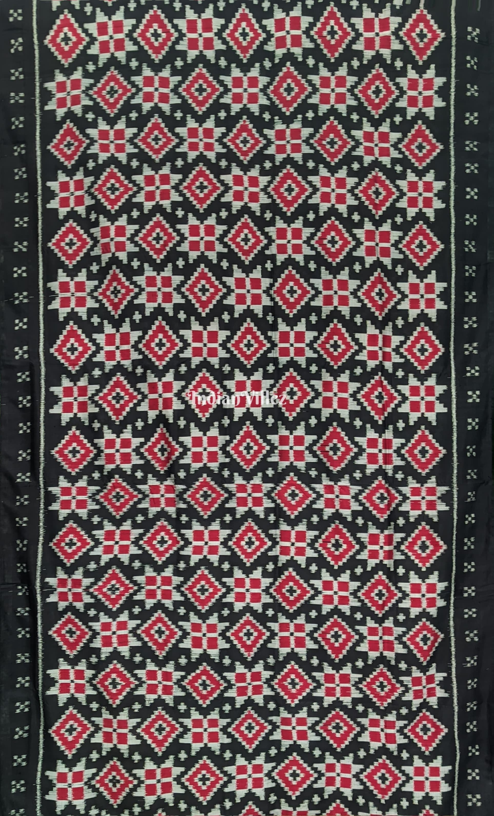 IndianVillèz Black Red Pasapali Odisha Ikat Contemporary Silk Saree with Animal Anchal - view 3