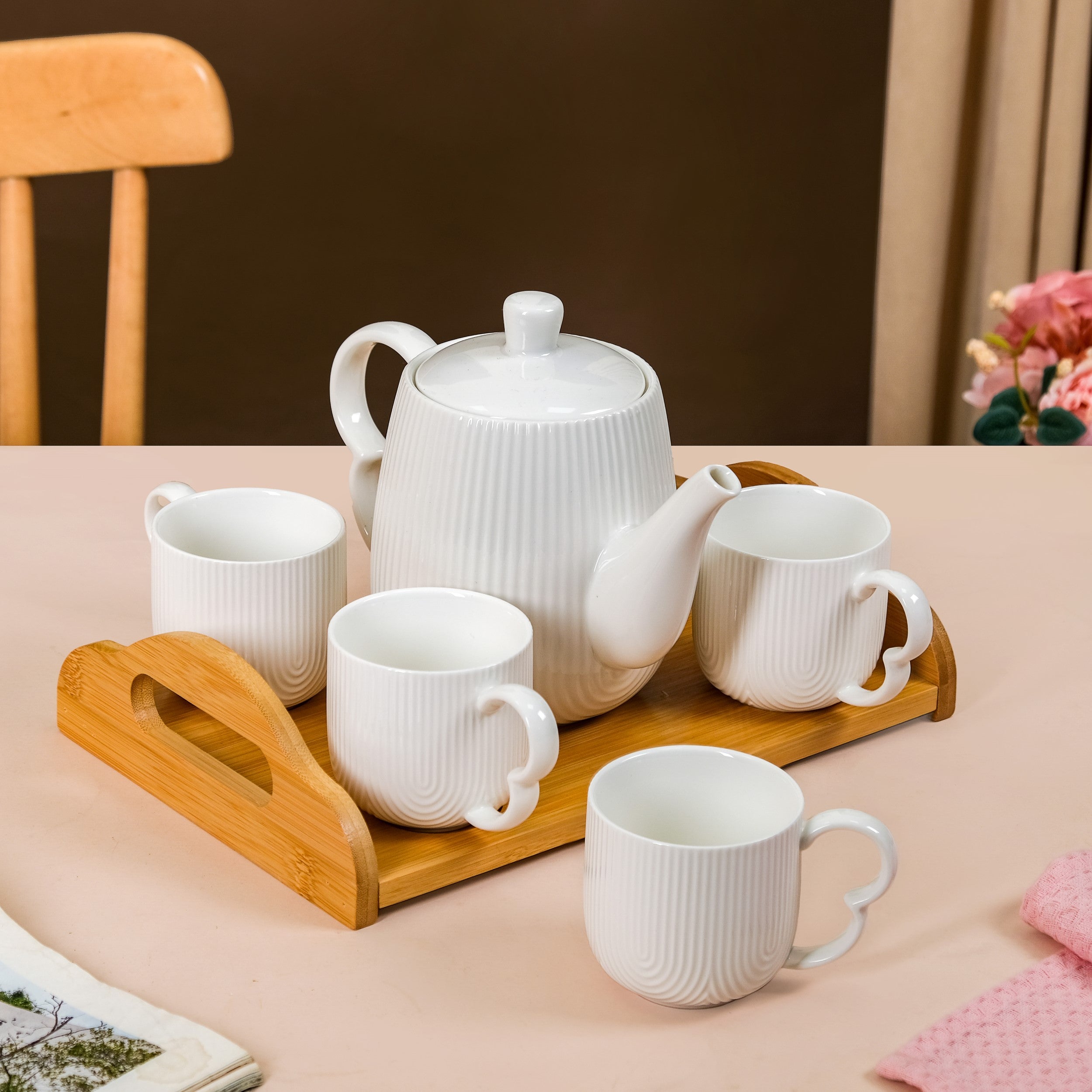 Nestasia Art Deco Style Ceramic Tea Set With Wooden Serving Tray