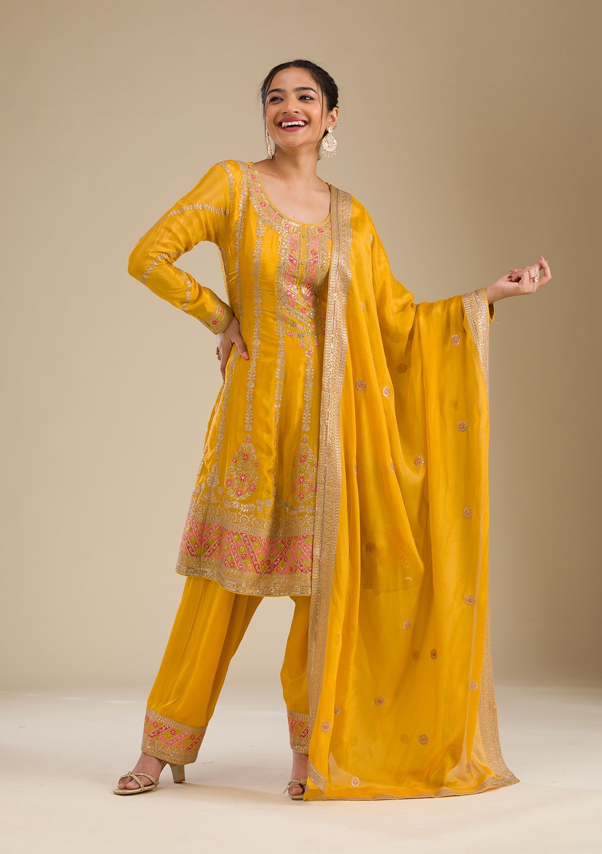 Koskii Yellow Zariwork Tissue Readymade Salwar Suit