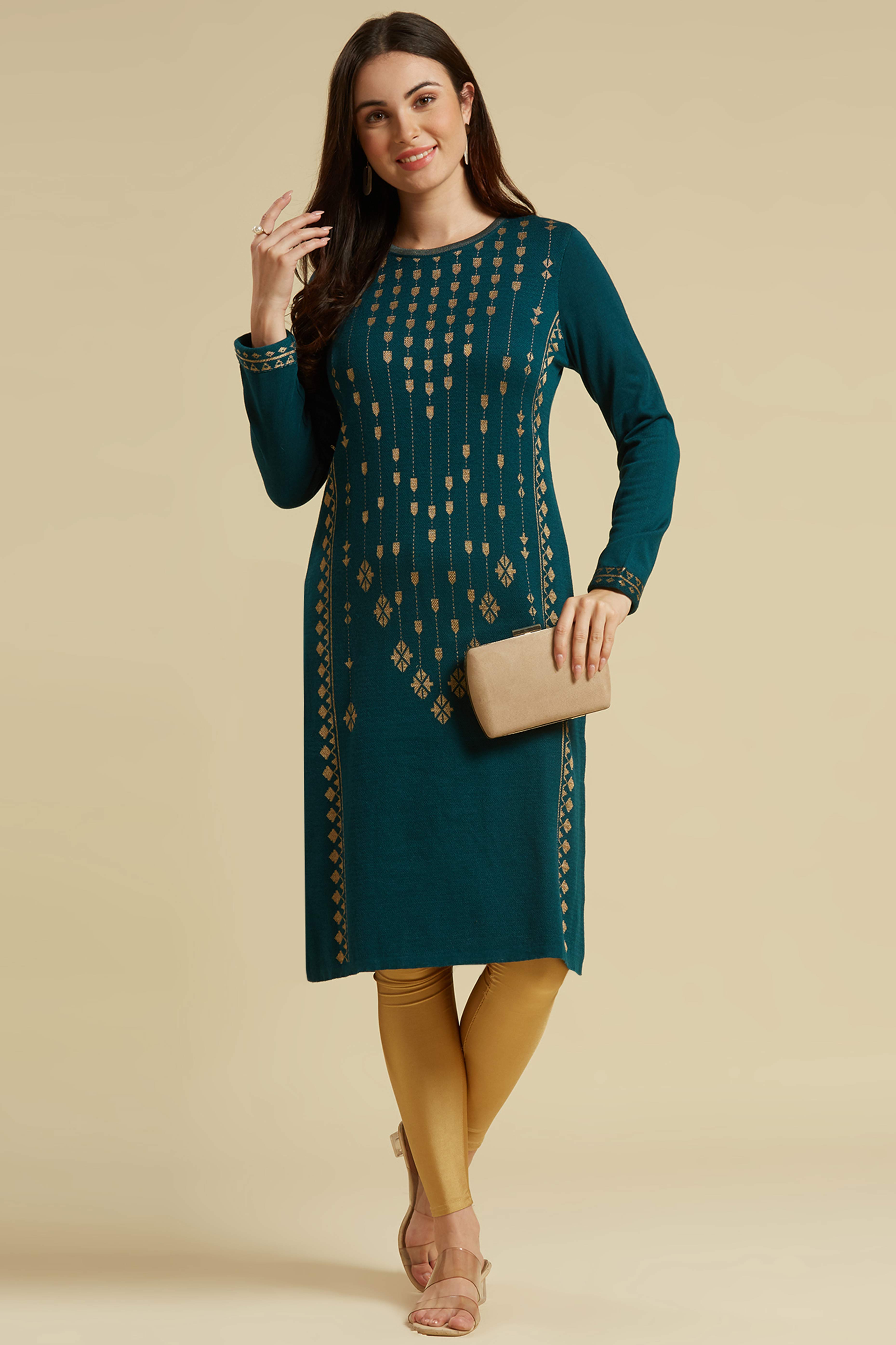 Peachmode Dark Teal Floral Woolen Top Bottom Set