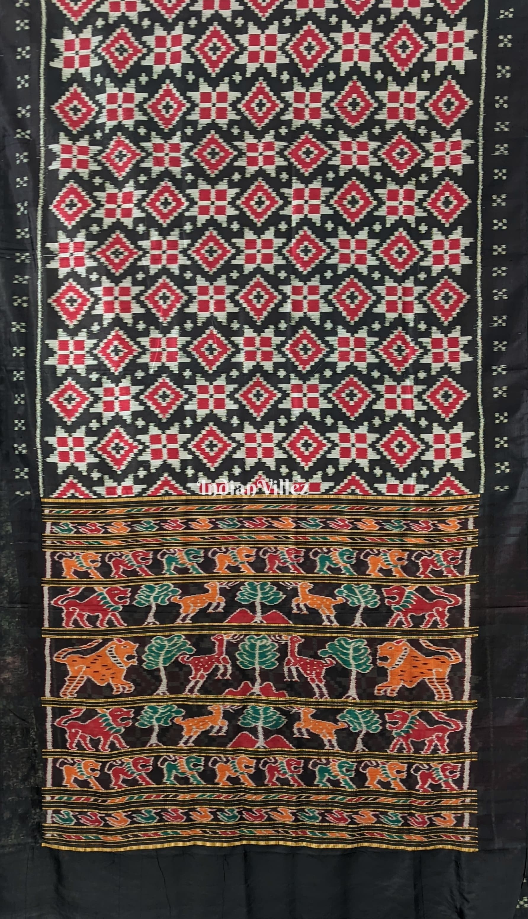 IndianVillèz Black Red Pasapali Odisha Ikat Contemporary Silk Saree with Animal Anchal - view 2