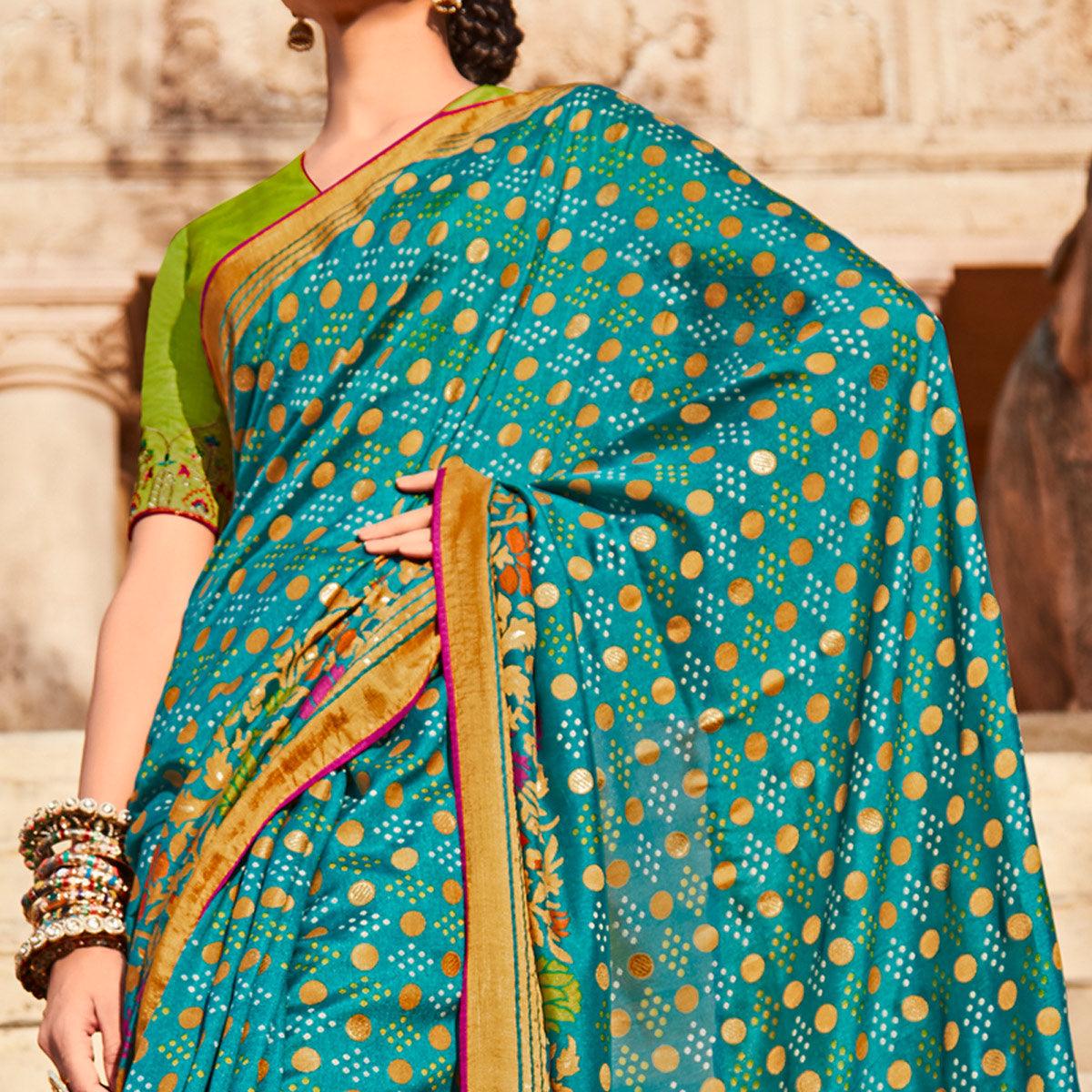 Peachmode Firozi Festive Wear Printed Silk Saree - view 2