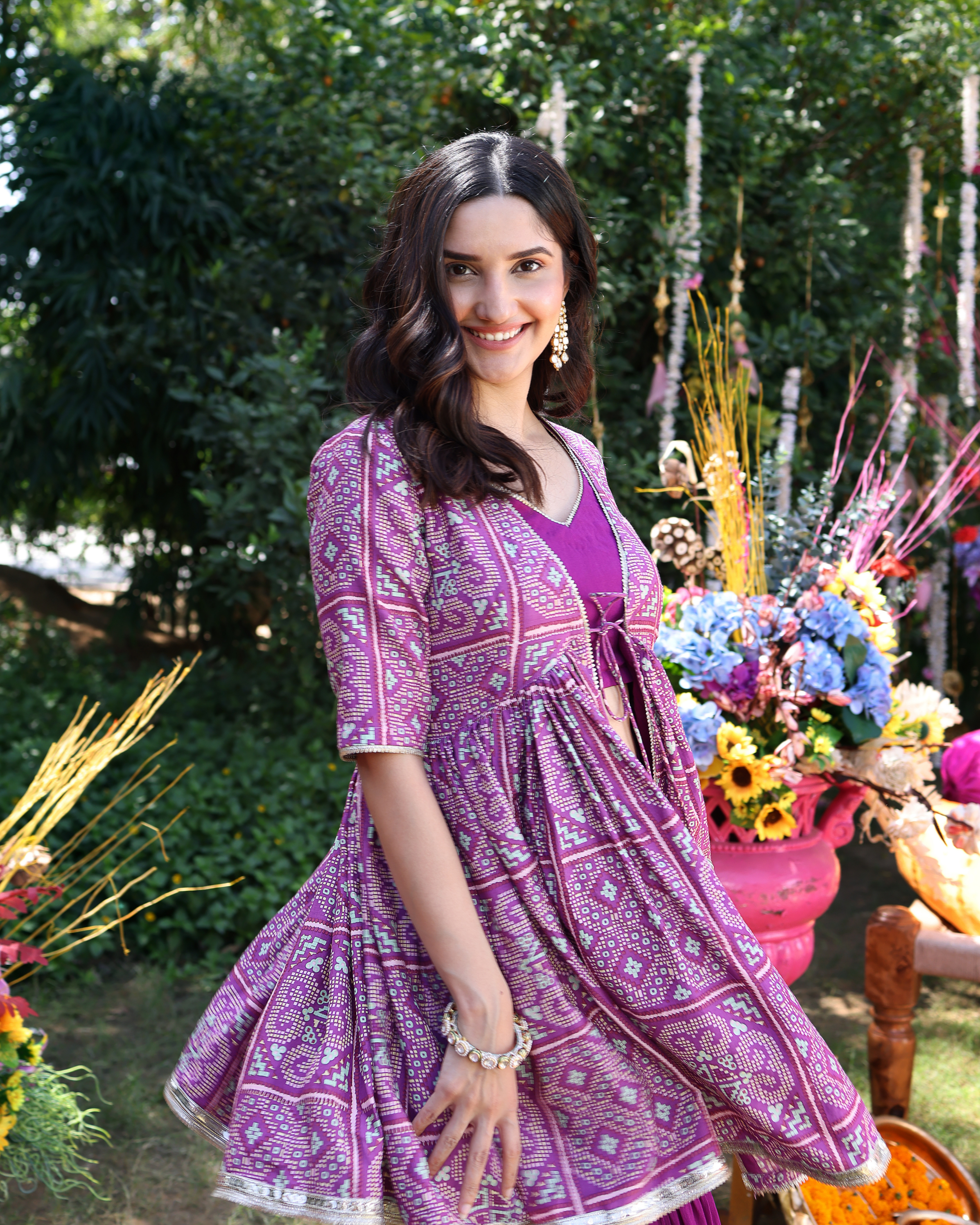 Aachho Geometric Purple Elegance Printed Satin Sharara Set - view 4