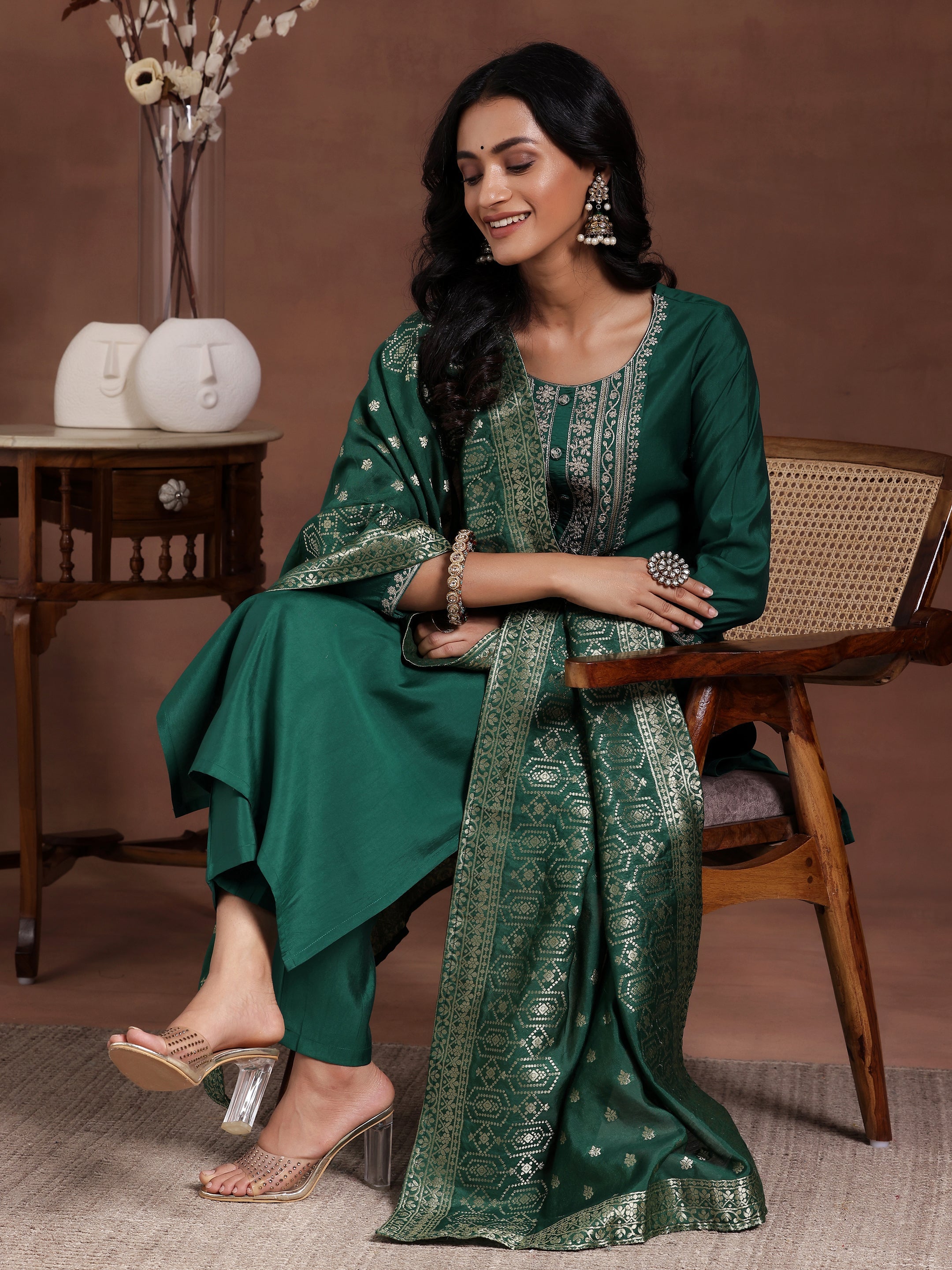 Libas Green Yoke Design Silk Blend Straight Suit With Dupatta