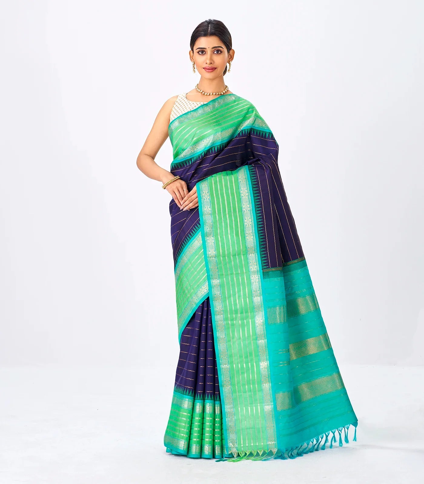RmKV Navy Blue Handloom Kanchipuram Korvai Silk Saree With Bledari Stripes