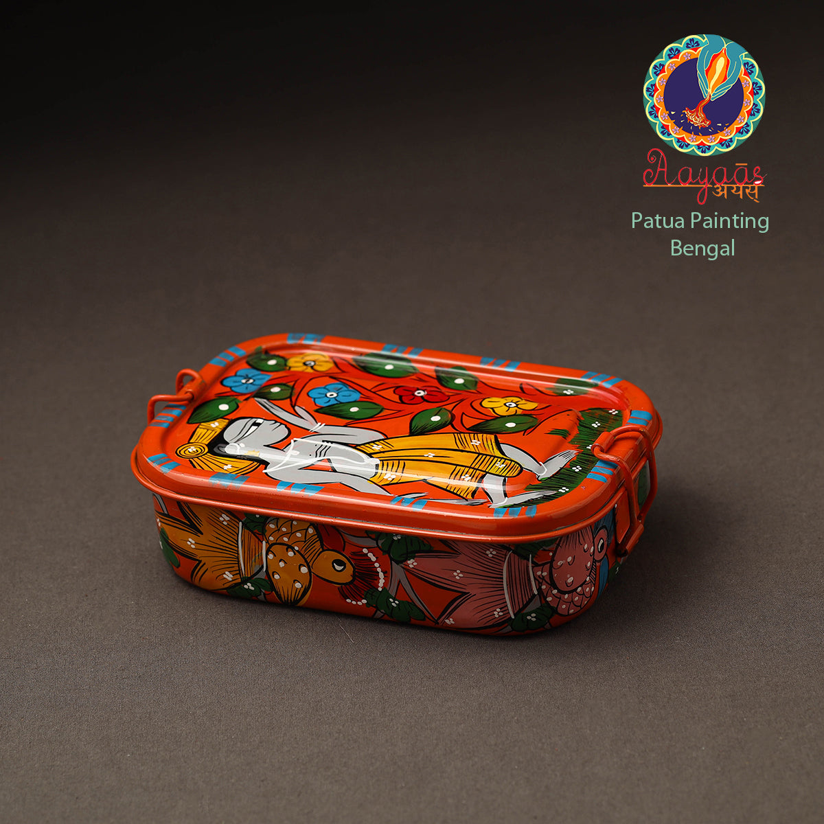 AAYAAS Bengal Patua Handpainted Stainless Steel Lunch Box (6 x 4 in)