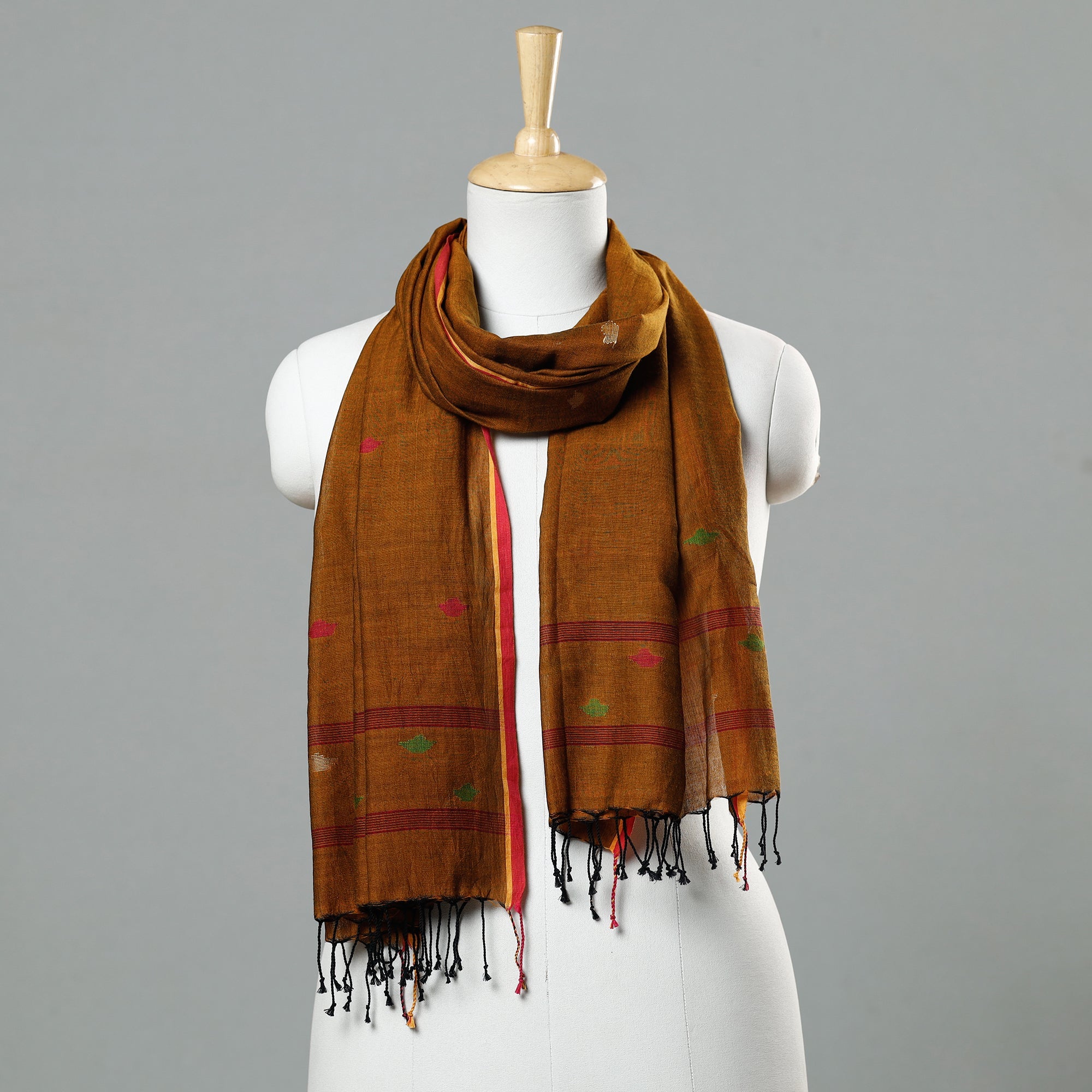 ALANKRITA Brown - Jamdani Handloom Cotton Stole with Tassels