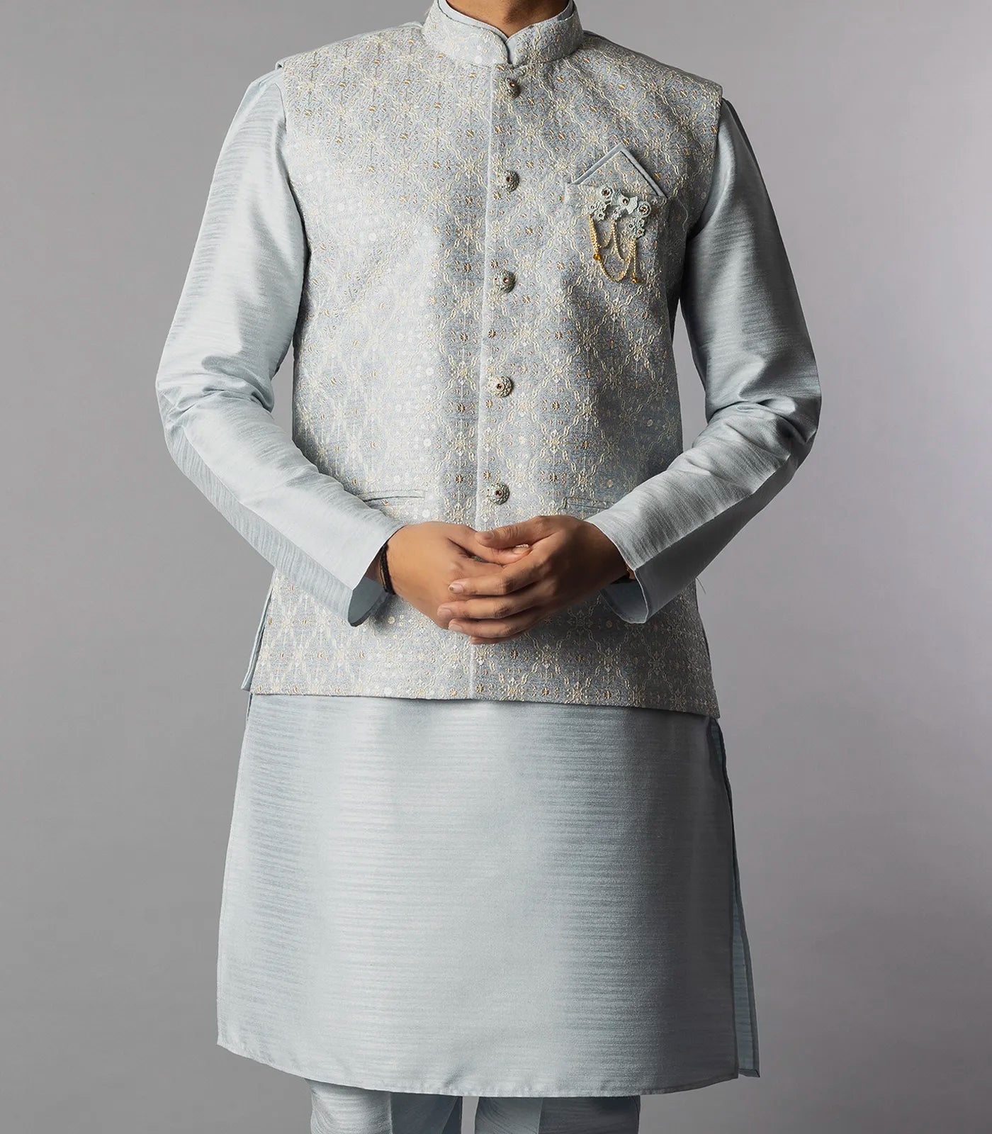 RmKV Glacier Grey Kurta Set With Straight Fit Pants And Nehru Jacket-Grey - view 3
