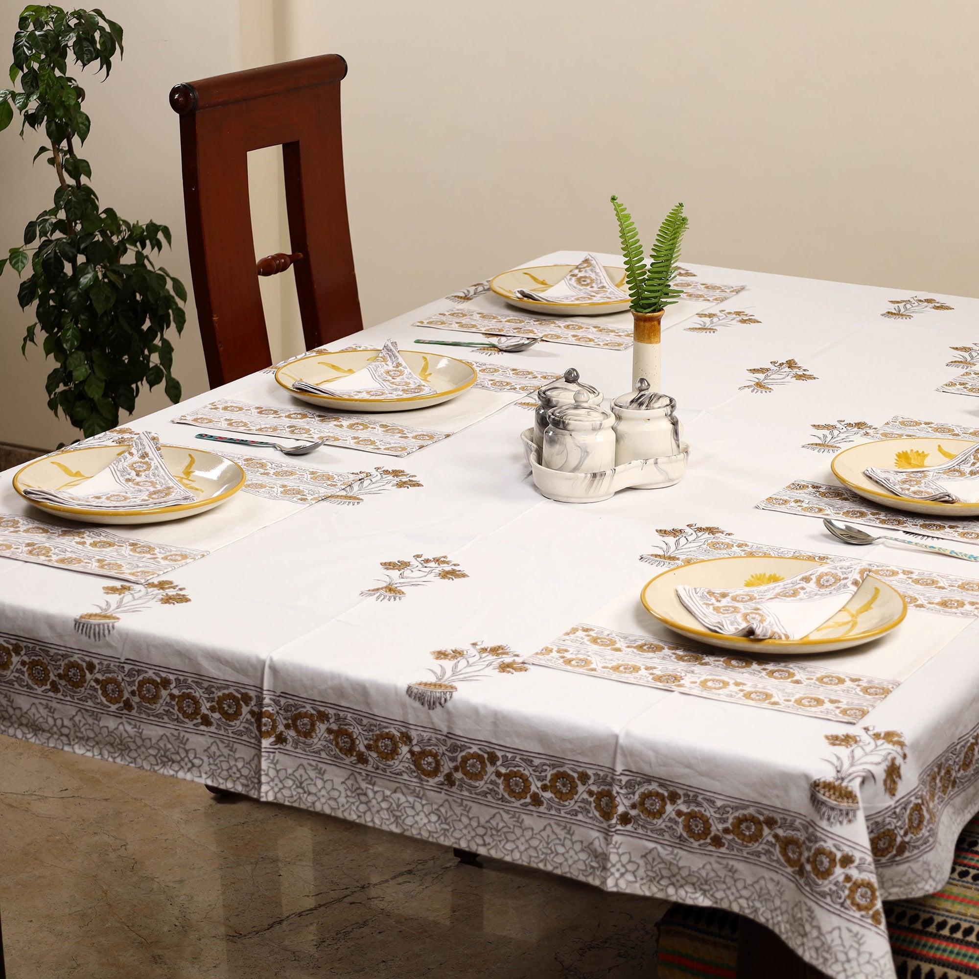 HAVELI CHRONICLES Brown - Sanganeri Print Cotton Table Cover with Mats & Napkins 04