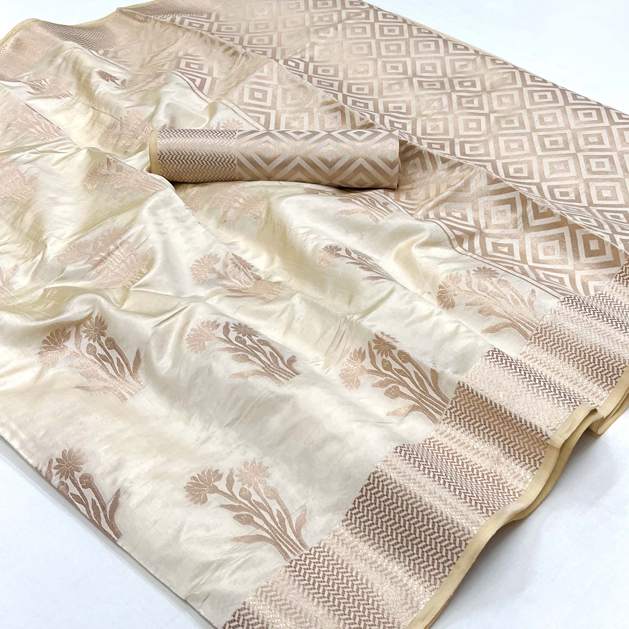 Peachmode Cream Woven Raw Silk Saree – Women's
