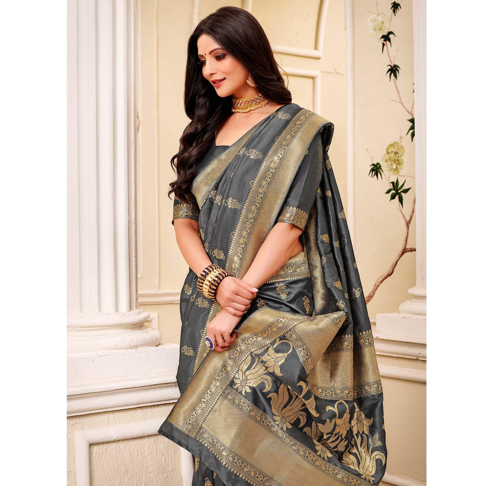 Peachmode Glowing Grey Colored Festive Wear Woven Banarasi Silk Saree - view 2