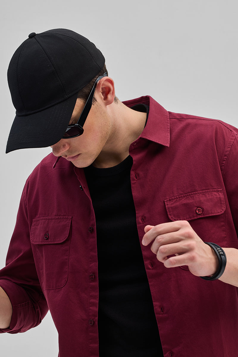 SNITCH Maroon Solid Double Pocket Overshirt - view 5