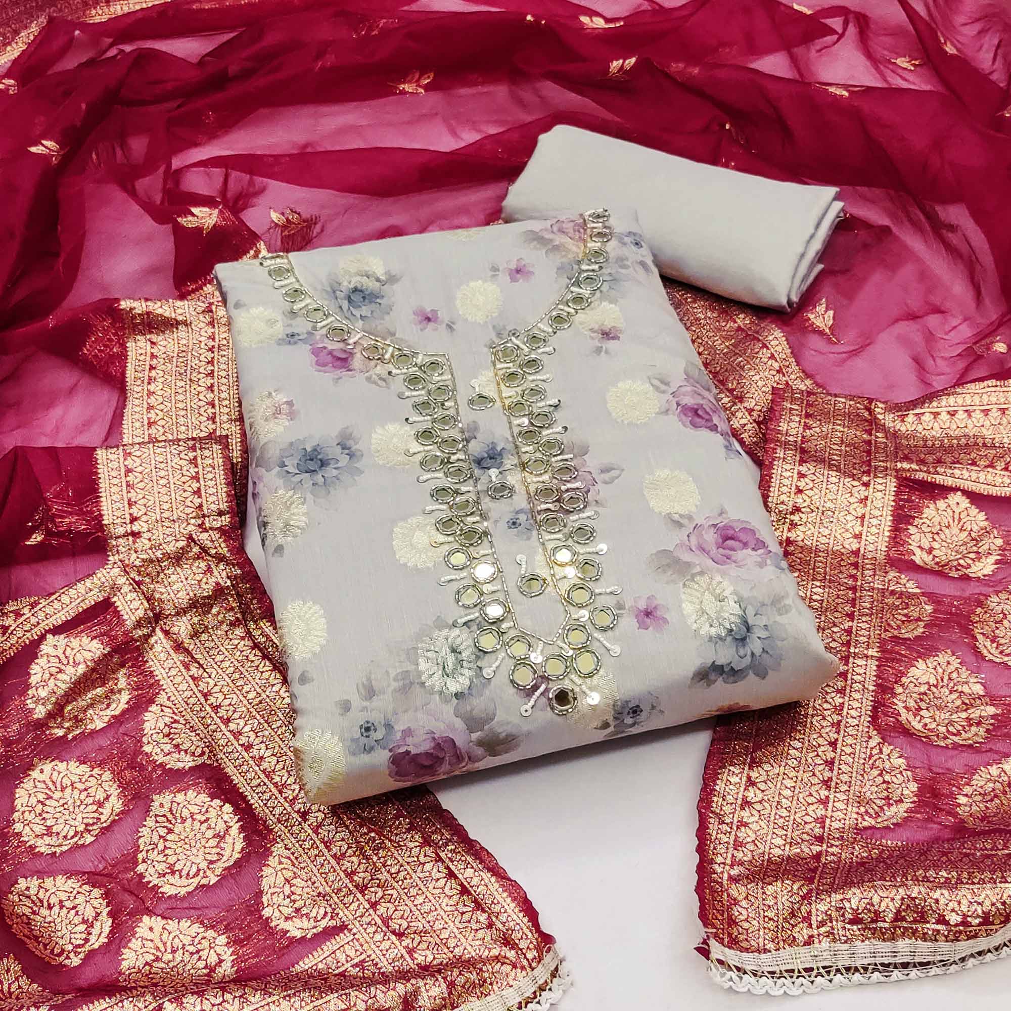 Peachmode Grey Woven With Digital Printed Chanderi Silk Dress Material