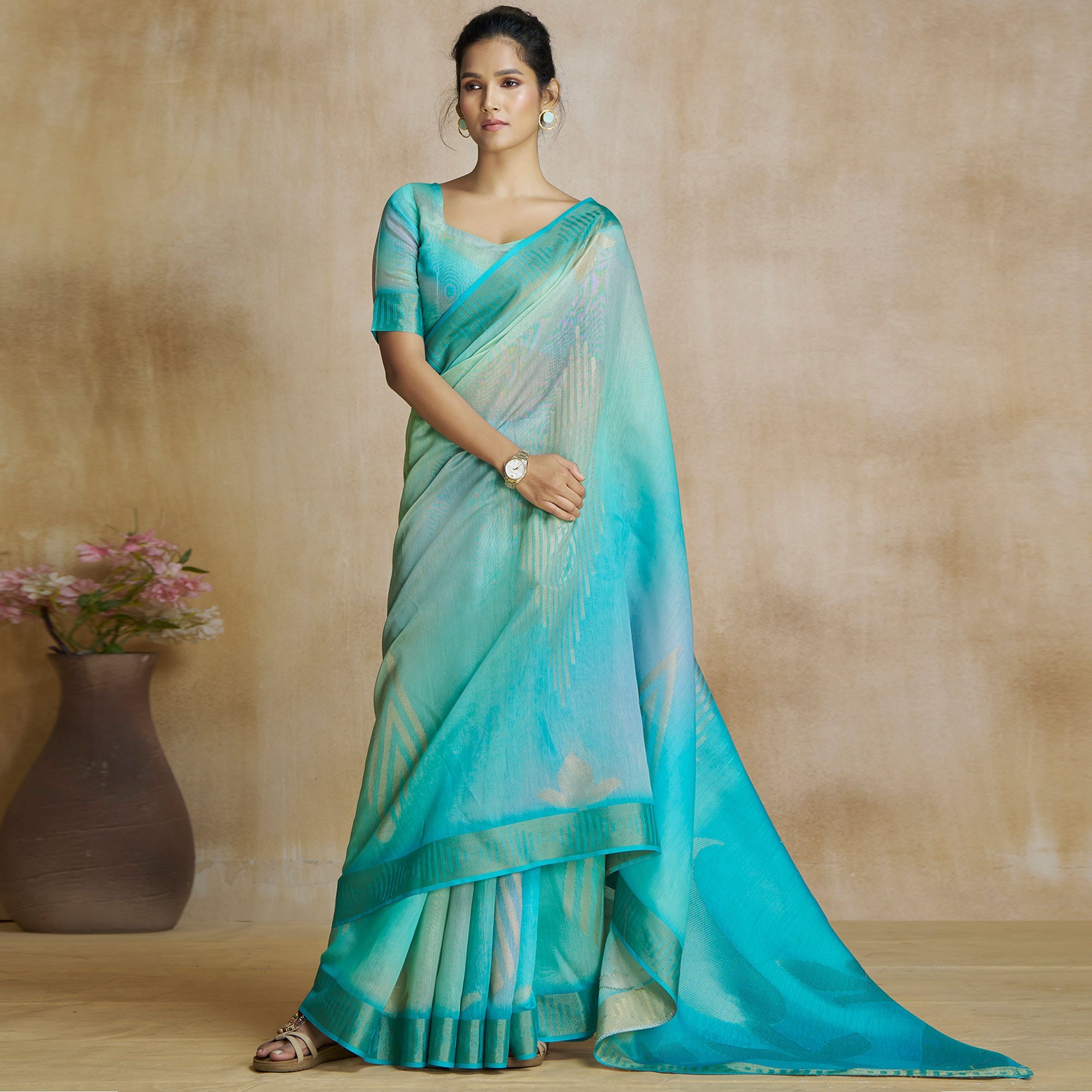 Peachmode Turquoise Digital Printed With Woven Pure Silk Ombre Saree - view 2