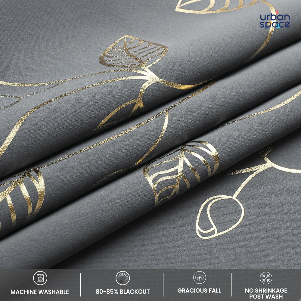 Urban Space -Home Furnishing Store Gold Foil Printed 80-85% Blackout Curtains - Pack of 1 - Leaf- Grey - view 5